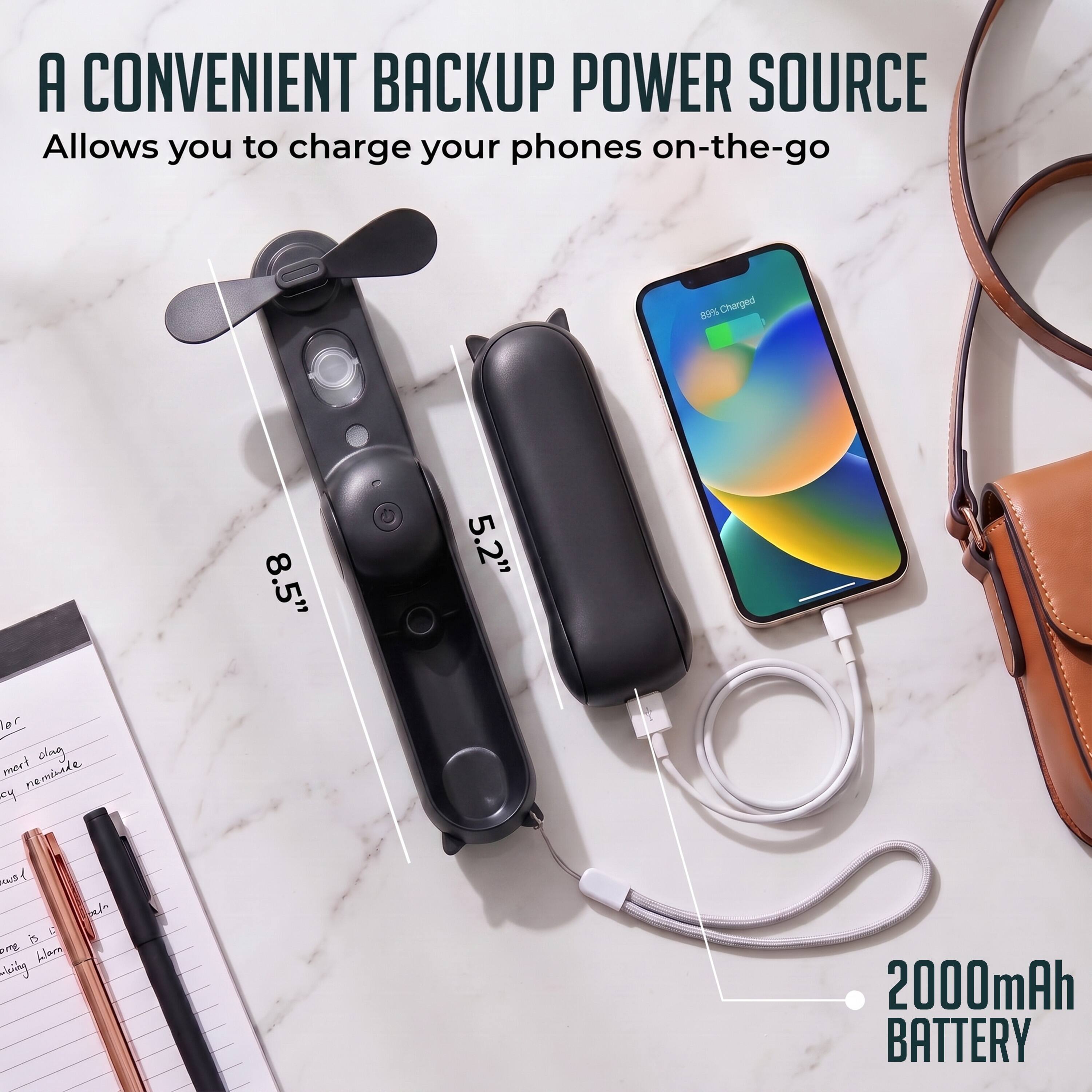 A CONVENIENT BACKUP POWER SOURCE  
Allows you to charge your phones on-the-go  

8.5" 5.2"  

2000mAh BATTERY