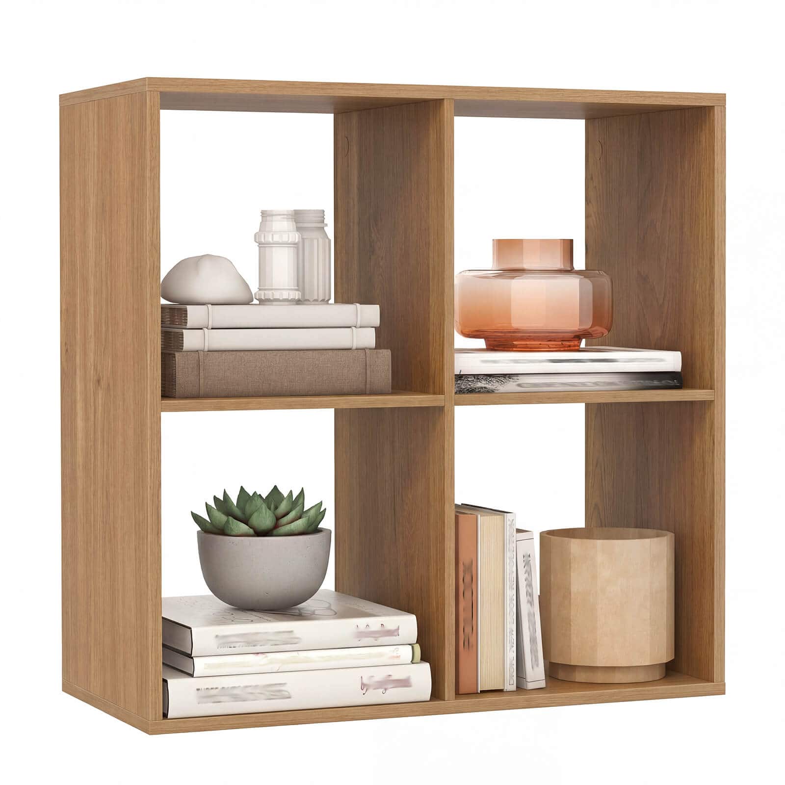 Costway - 4-Cube Bookshelf, Modern Cubby Bookcase with Back Guardrail & Anti-tipping Kits - Natural