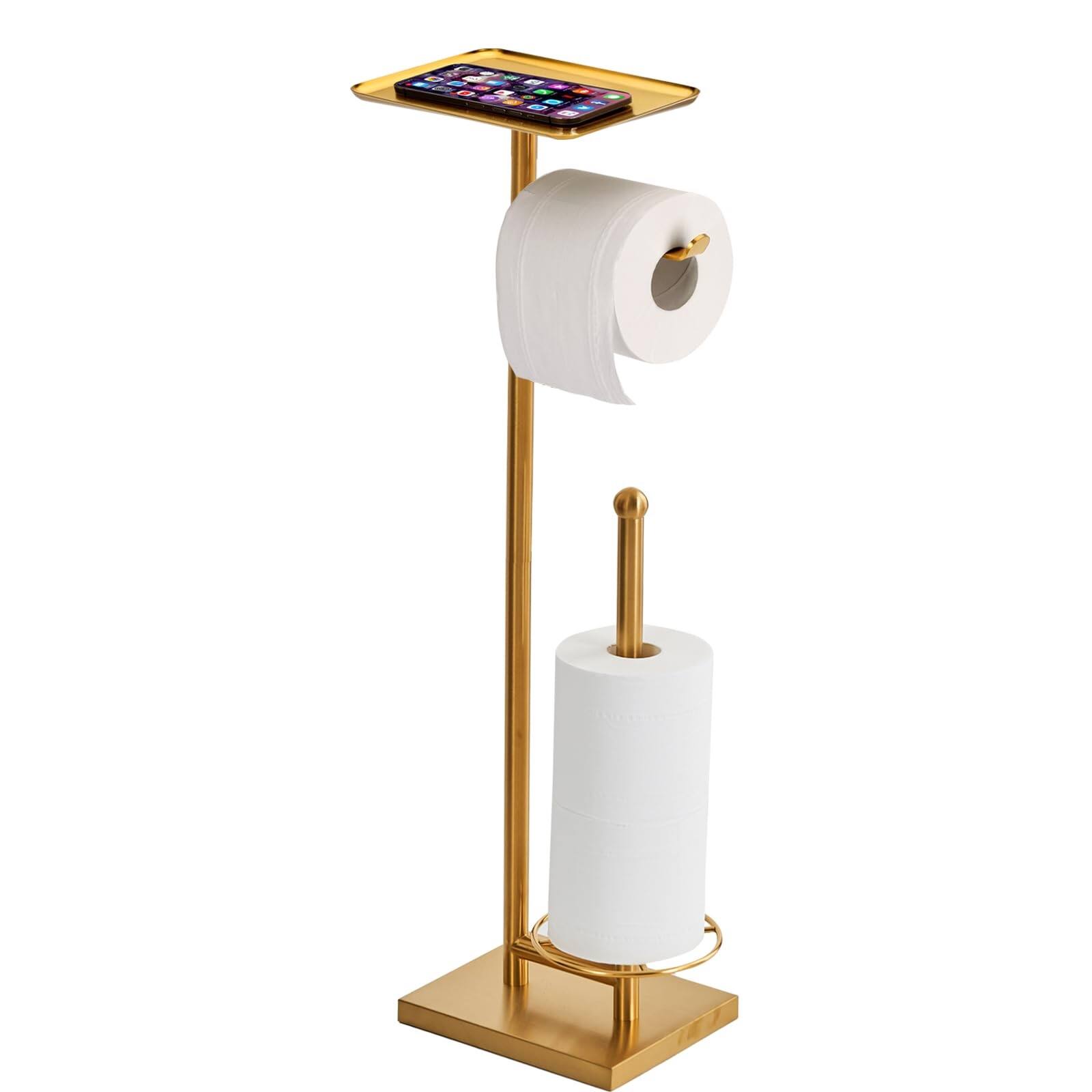 Front. Dazzed Corner - Freestanding Gold Toilet Paper Holder with Top Tray and Storage - Gold.