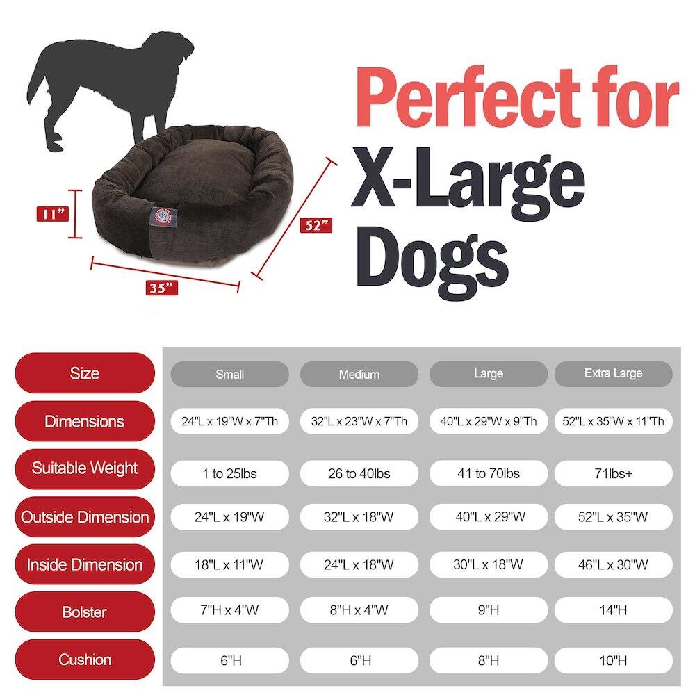 **Perfect for X-Large Dogs**

**Size:**
- Small
- Medium
- Large
- Extra Large

**Dimensions:**
- Small: 24"L x 19"W x 7"Th
- Medium: 32"L x 23"W x 7"Th
- Large: 40"L x 29"W x 9"Th
- Extra Large: 52"L x 35"W x 11"Th

**Suitable Weight:**
- Small: 1 to 25lbs
- Medium: 26 to 40lbs
- Large: 41 to 70lbs
- Extra Large: 71lbs+

**Outside Dimension:**
- Small: 24"L x 19"W
- Medium: 32"L x 18"W
- Large: 40"L x 29"W
- Extra Large: 52"L x 35"W

**Inside Dimension:**
- Small: 18"L x 11"W
- Medium: 24"L x 18"W
- Large: 30"L x 18"W
-
