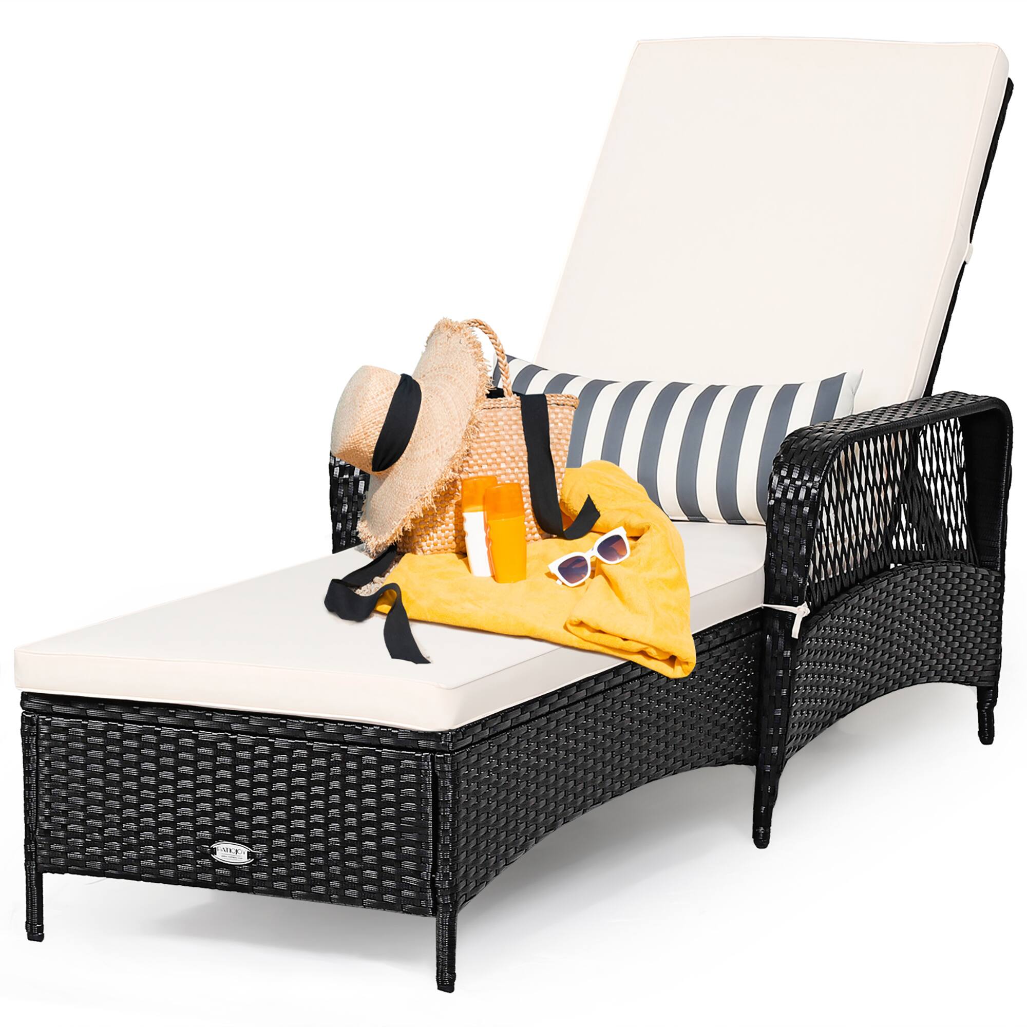 Left. Costway - PE Rattan Chaise Lounge Chair Armrest Recliner Adjustable Pillow - Black, Off white.