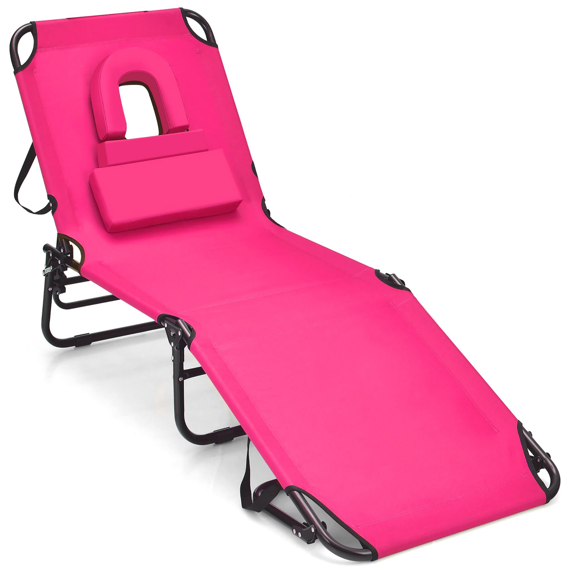 Alt View 9. Gymax - Gymax 5-Position Lounge Chair Adjustable Beach Chaise w/ Face Cavity & Pillows - Pink.