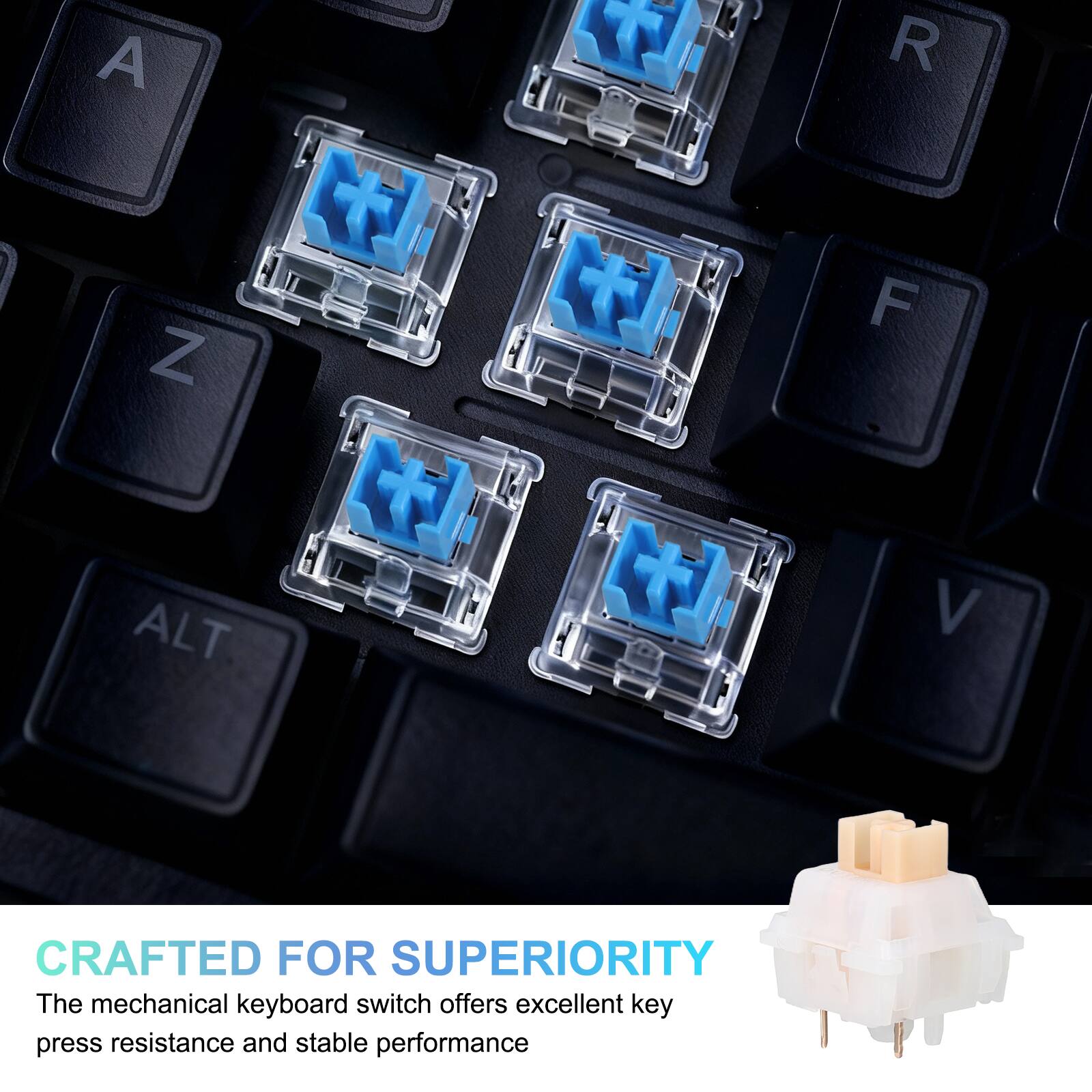 CRAFTED FOR SUPERIORITY

The mechanical keyboard switch offers excellent key press resistance and stable performance