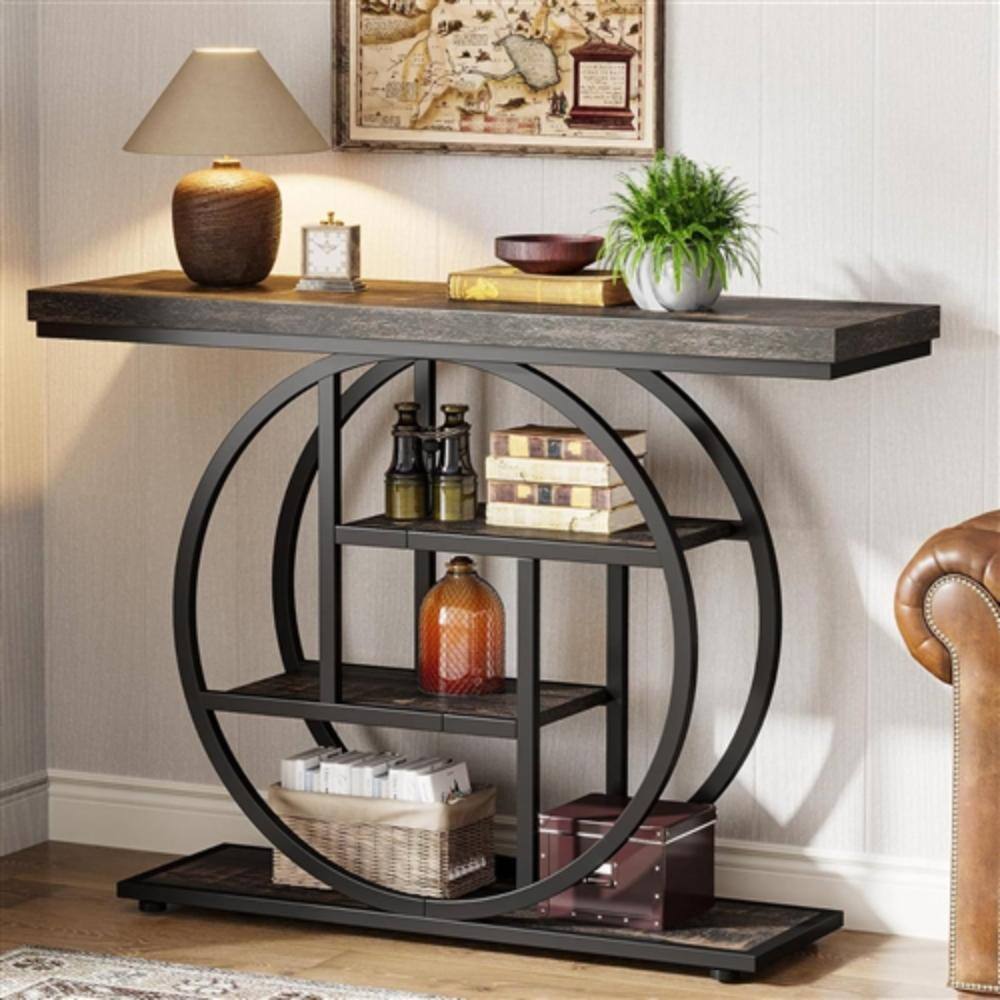 Back. Hivvago - Modern 41-inch Circular Base Foyer Entryway Table with Black Wood Finish Shelves - Black.