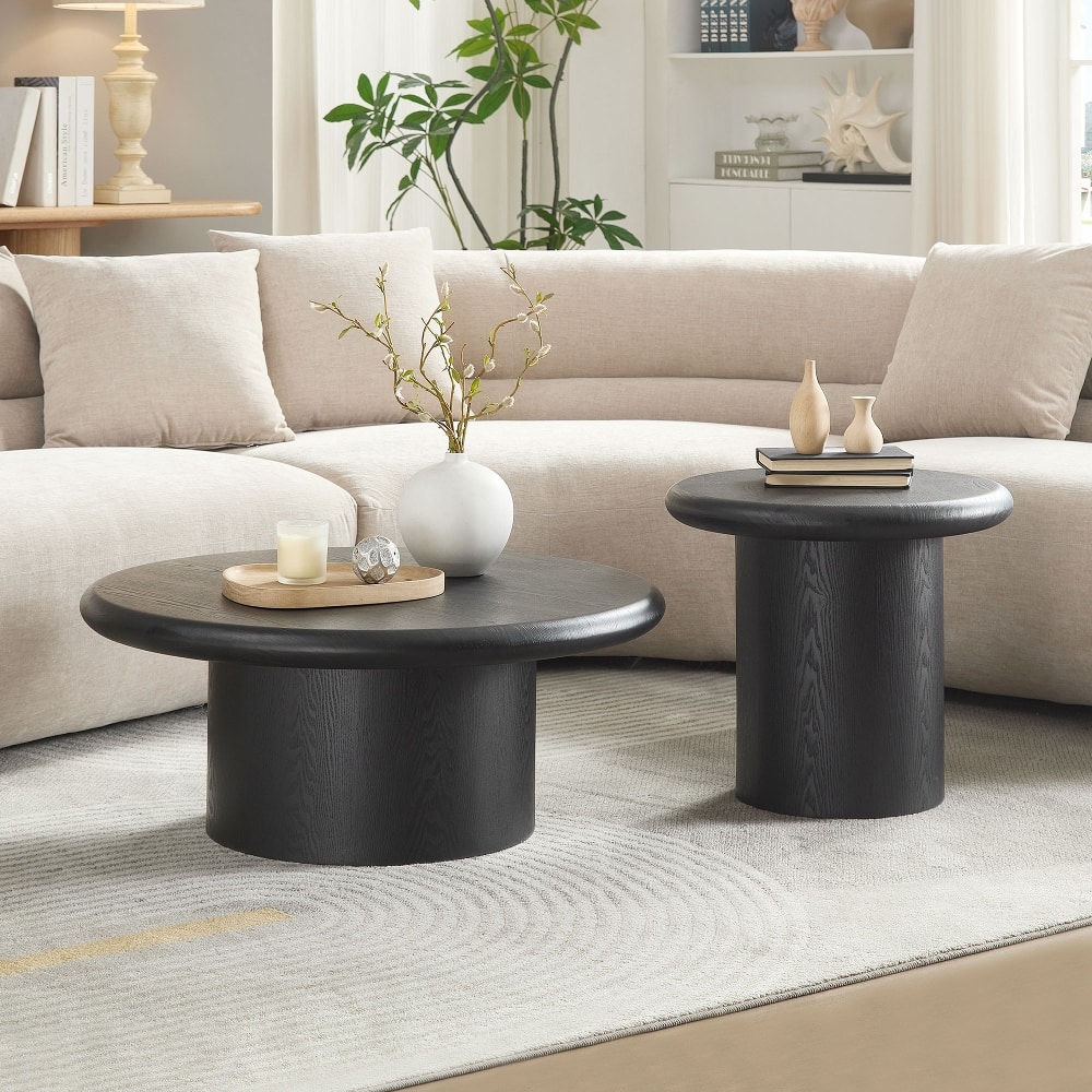 Loheer - 2-Piece Modern Round Coffee Table Set Nesting Wood Veneer Easy Assembly - Black price history on PriceWatchPro