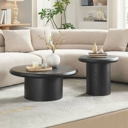 Loheer - 2-Piece Modern Round Coffee Table Set Nesting Wood Veneer Easy Assembly - Black