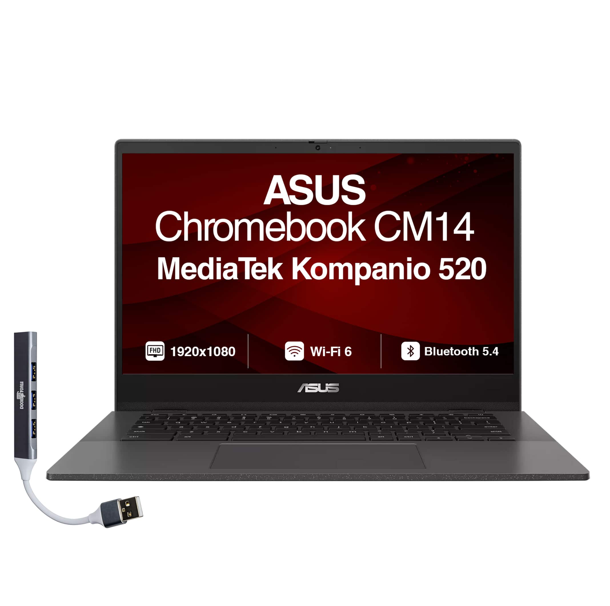 ASUS - Chromebook CM14 14.0" TN FHD Laptop (MediaTek Kompanio 520, 4GB RAM, 64GB eMMC SSD, Chrome OS) w/Dockztorm USB Hub - Gravity Grey