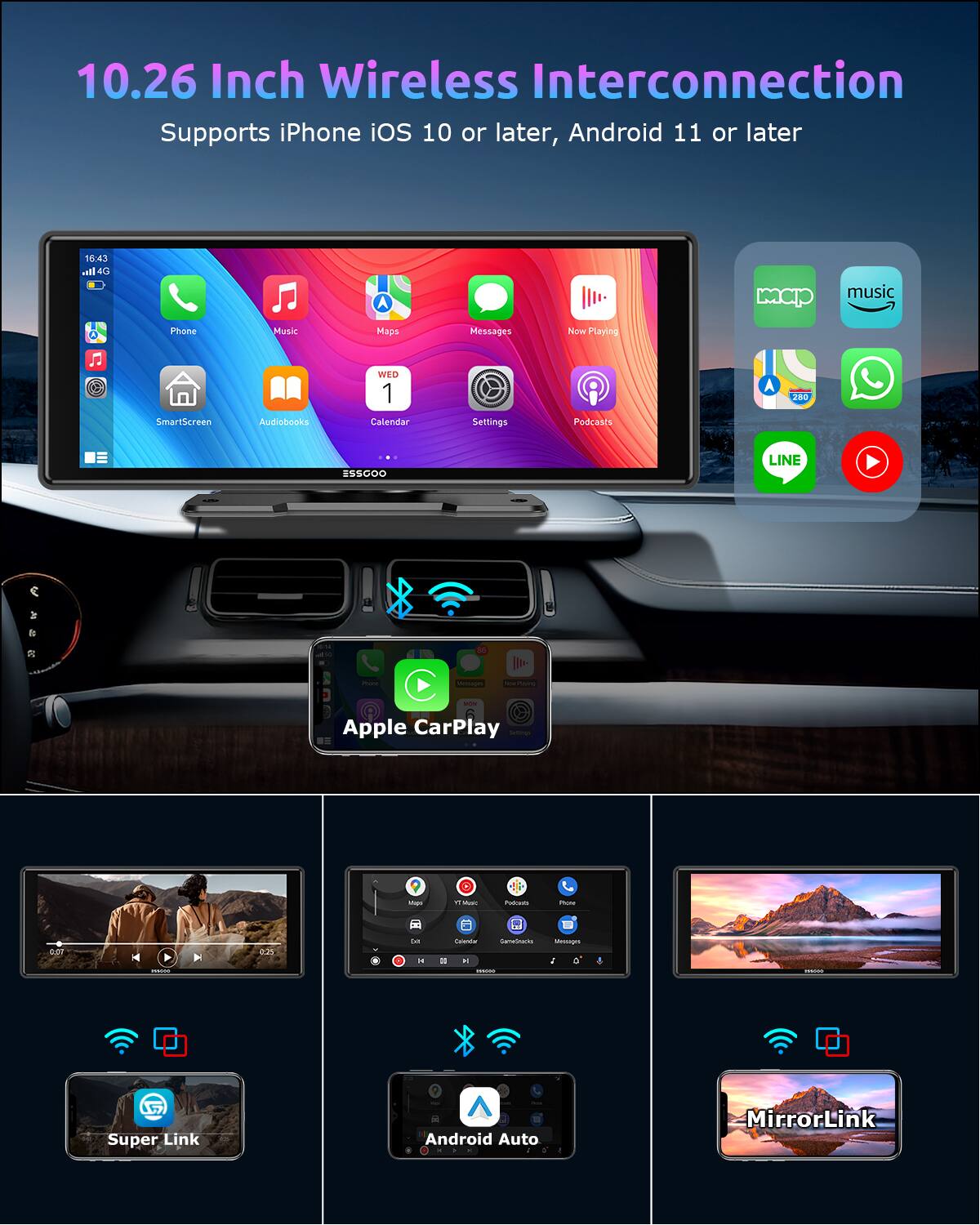10.26 Inch Wireless Interconnection  
Supports iPhone iOS 10 or later, Android 11 or later  

- Phone  
- Music  
- Maps  
- Messages  
- Now Playing  
- SmartScreen  
- Audiobooks  
- Calendar  
- Settings  
- Podcasts  

- Apple CarPlay  
- Super Link  
- Android Auto  
- MirrorLink