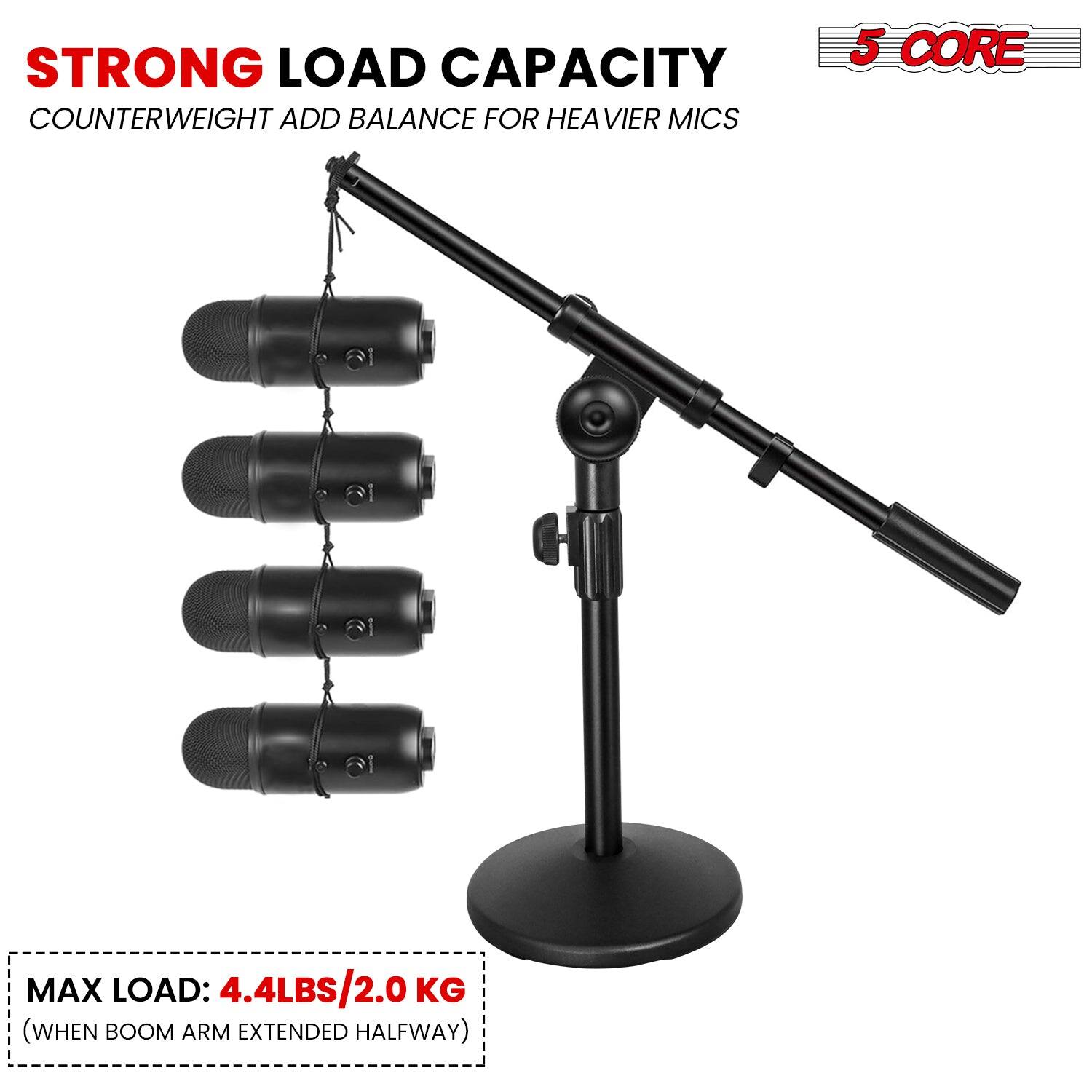 STRONG LOAD CAPACITY COUNTERWEIGHT ADD BALANCE FOR HEAVIER MICS

5 CORE MAX LOAD: 4.4 LBS/2.0 KG (WHEN BOOM ARM EXTENDED HALFWAY)