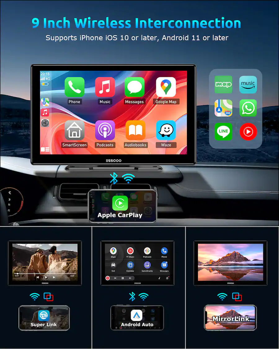 Smartscreen 4 Inch ESSGOO 9″ Touchscreen with Wireless Apple CarPlay & Android Auto ...