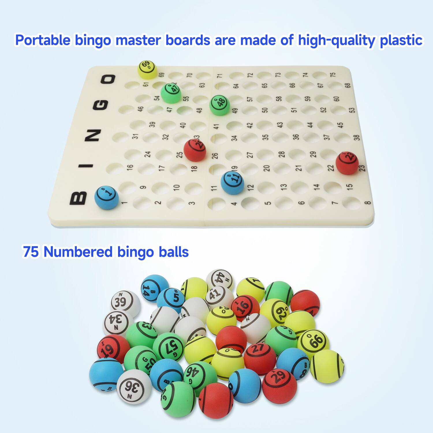 Portable bingo master boards are made of high-quality plastic.
75 Numbered bingo balls.