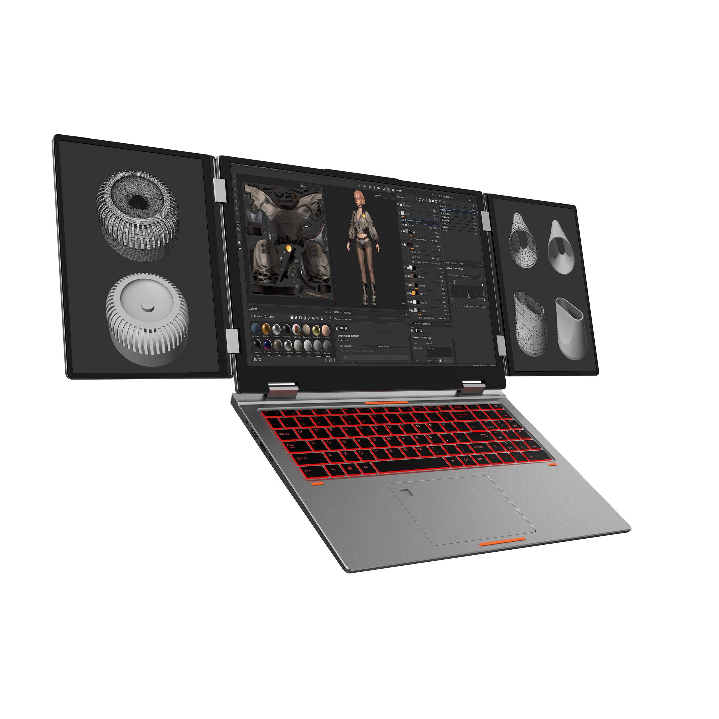 Alt View 4. Hotface - Hotface Triple-Screen Laptop,16" WUXGA+Dual 10.5" Displays,Intel i7-12700H,32GB RAM,1TB SSD,Win 11 Pro,Gray - Gray.