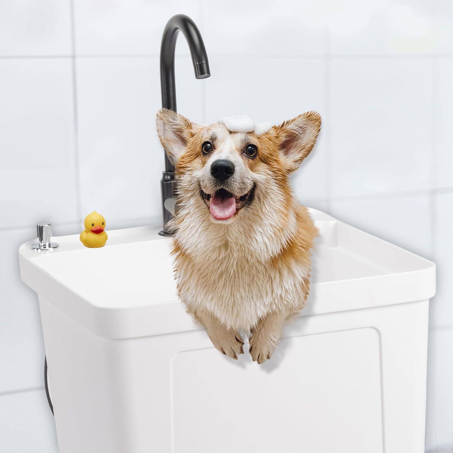 Left. Winado - Freestanding Plastic Utility Sink Laundry Tub with Stainless Steel Hot & Cold Faucet, Soap Dispenser for Home Warehouses - White.