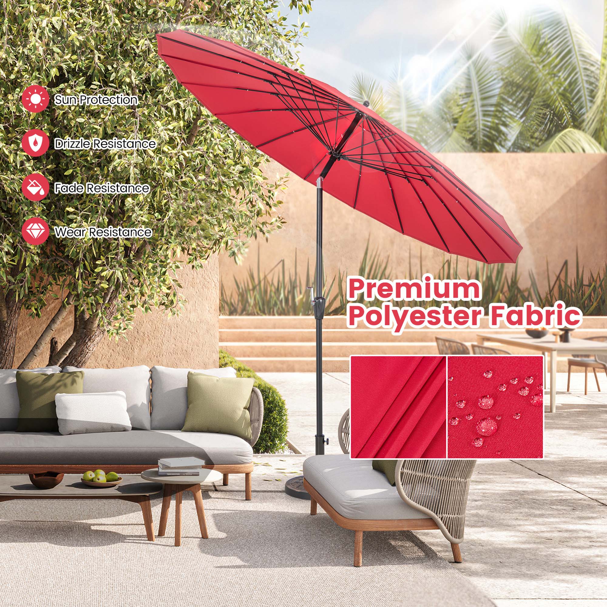 The image features a red umbrella that is placed over a couch and a bench, providing shade and protection from the elements. The umbrella is made of premium polyester fabric, ensuring durability and resistance to fading, drizzle, and wear. The scene also includes a dining table and chairs, creating a comfortable outdoor living space.
