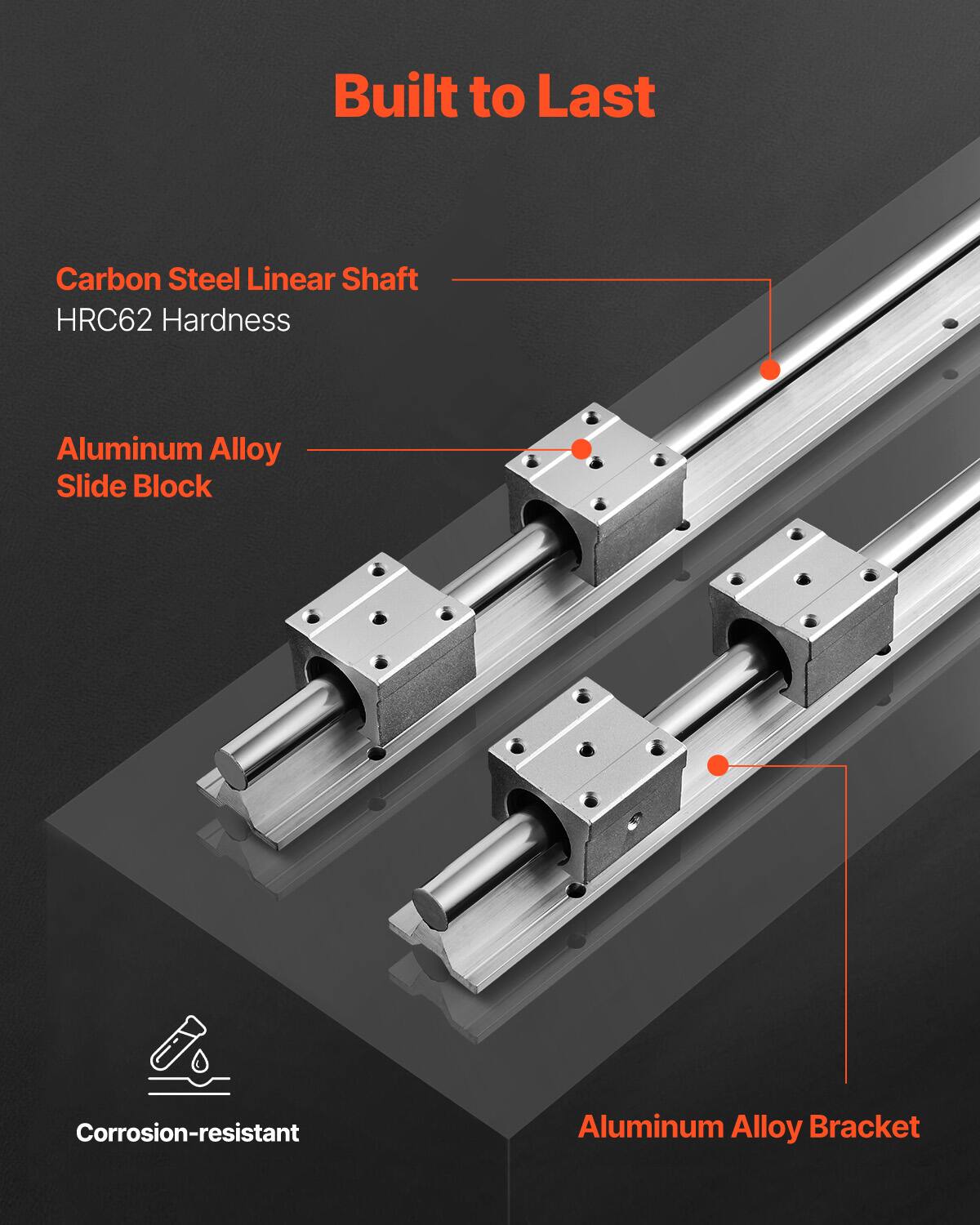 Built to Last

- Carbon Steel Linear Shaft
  - HRC62 Hardness

- Aluminum Alloy Slide Block

- Aluminum Alloy Bracket

Corrosion-resistant