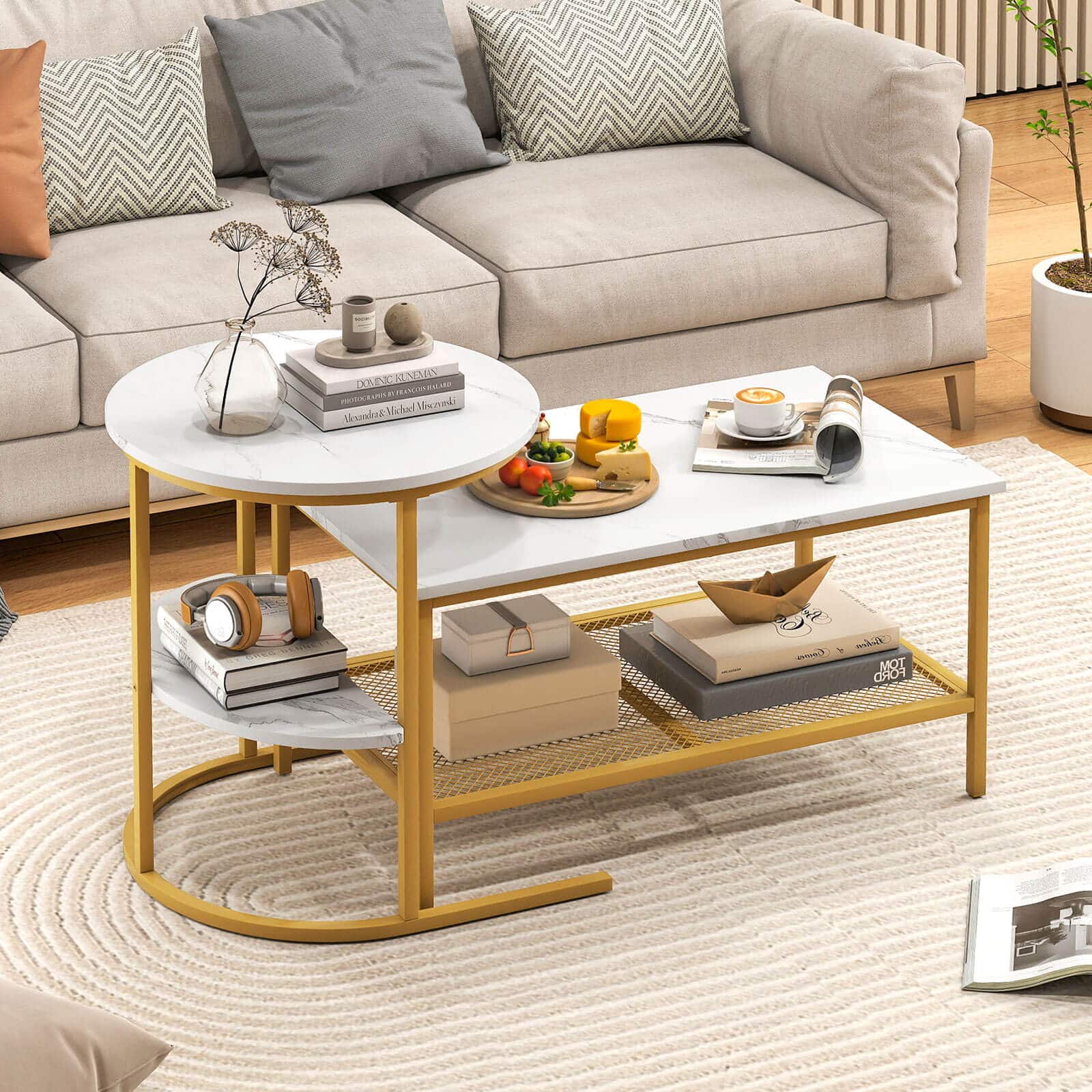 Costway - Coffee Table Set of 2, 2-Tier Coffee Table and Side End Table with Storage Shelves - White & Gold