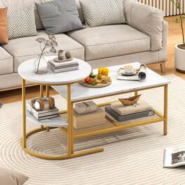 Costway - Coffee Table Set of 2, 2-Tier Coffee Table and Side End Table with Storage Shelves - White & Gold