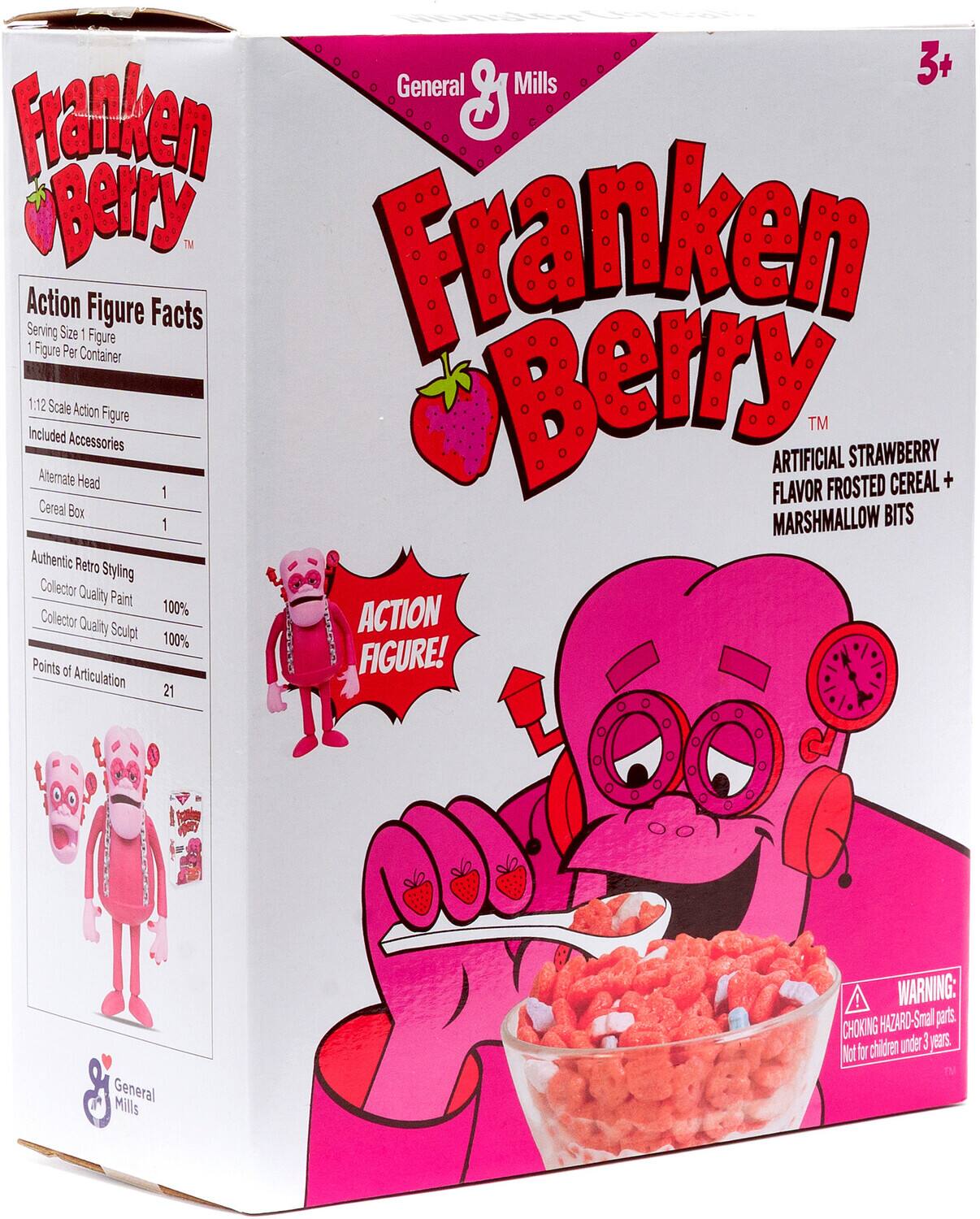 General Mills 3+ Franken Berry™ Franken Action Figure Facts  
Serving Size: 1 Figure  
1 Figure Per Container  
Included Accessories:  
- 1:12 Scale Action Figure  
- Alternate Head  
- Cereal Box  

Authentic Retro Styling  
Collector Quality Paint: 100%  
Collector Quality Sculpt: 100%  
Points of Articulation: 21  

WARNING: CHOKING HAZARD - Small parts. Not for children under 3 years.