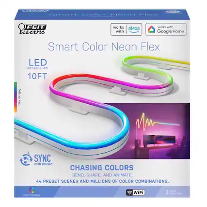 Smart Color Neon Flex LED
- Uses only 18W
- 10FT
- Works with Alexa and Google Home
- Sync with music
- Chasing colors, bend, shape, and animate
- 44 preset scenes and millions of color combinations
- Color-changing WiFi
- 1 Pack Neon Flex
