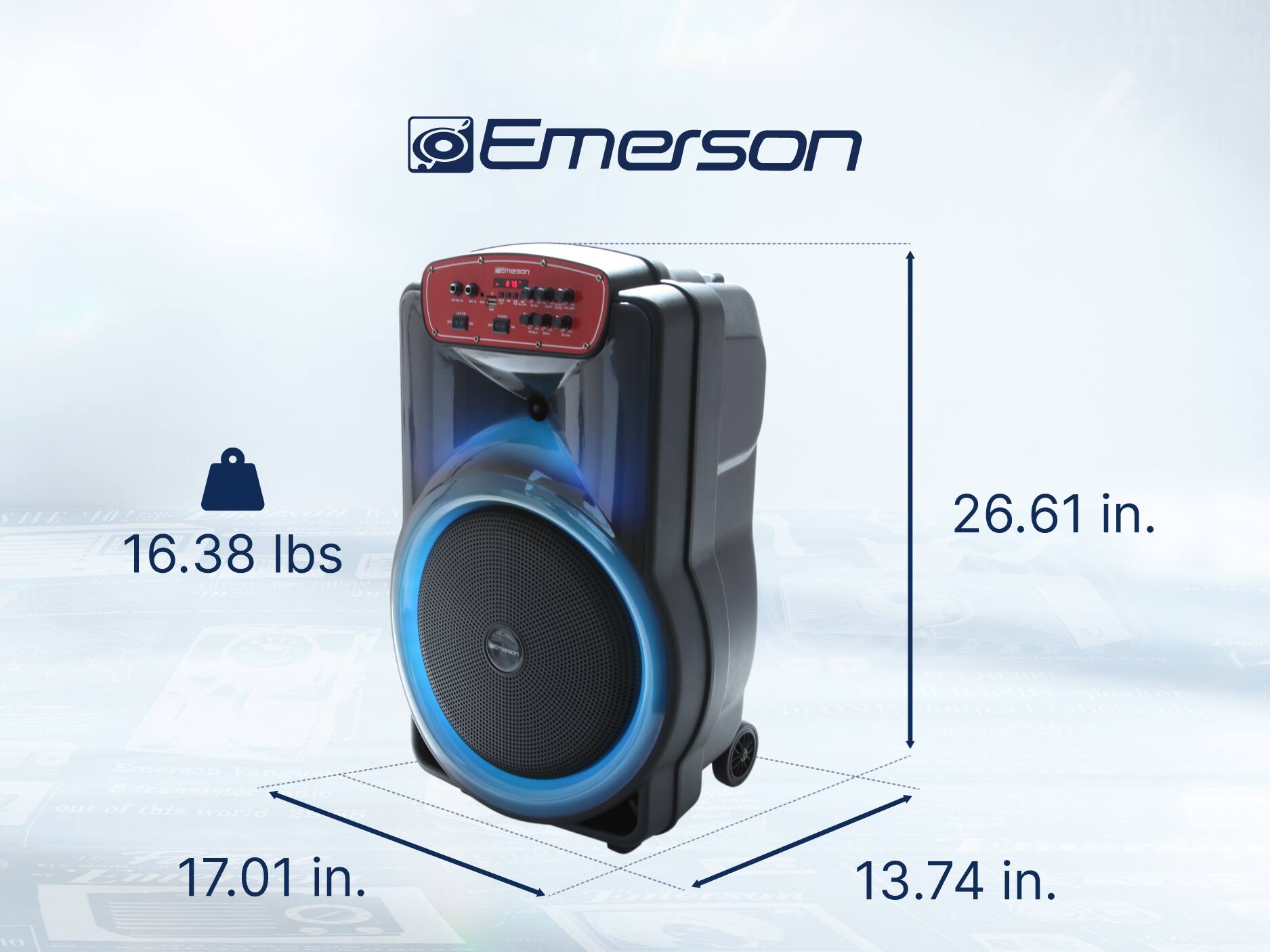 Emerson - a  ! : 16.38 lbs 26.61 in.  e e   e OUE of Chis world - Ei 17.01 in. 13.74 in. 10