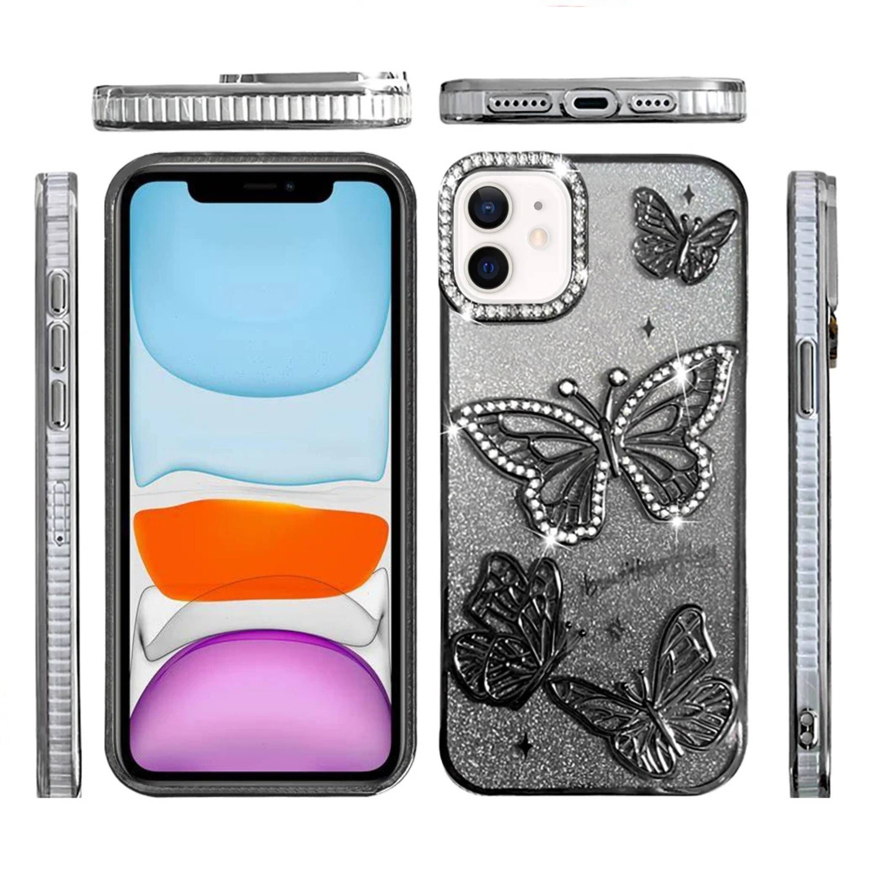 Angle. Kitcheniva - Bling Butterflies 3D Glitter Case With Tempered Glass For iPhone 11 6.1 Inch Black - Black.