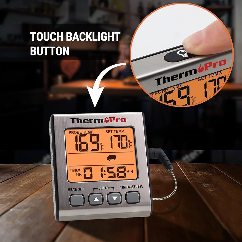 TOUCH BACKLIGHT BUTTON

ThermPro

PROBE TEMP. 169°F
SET TEMP. 170°F

TIMER 0 HR 1:58 MIN

MEAT/SET CLEAR TIMER/ST/SP.