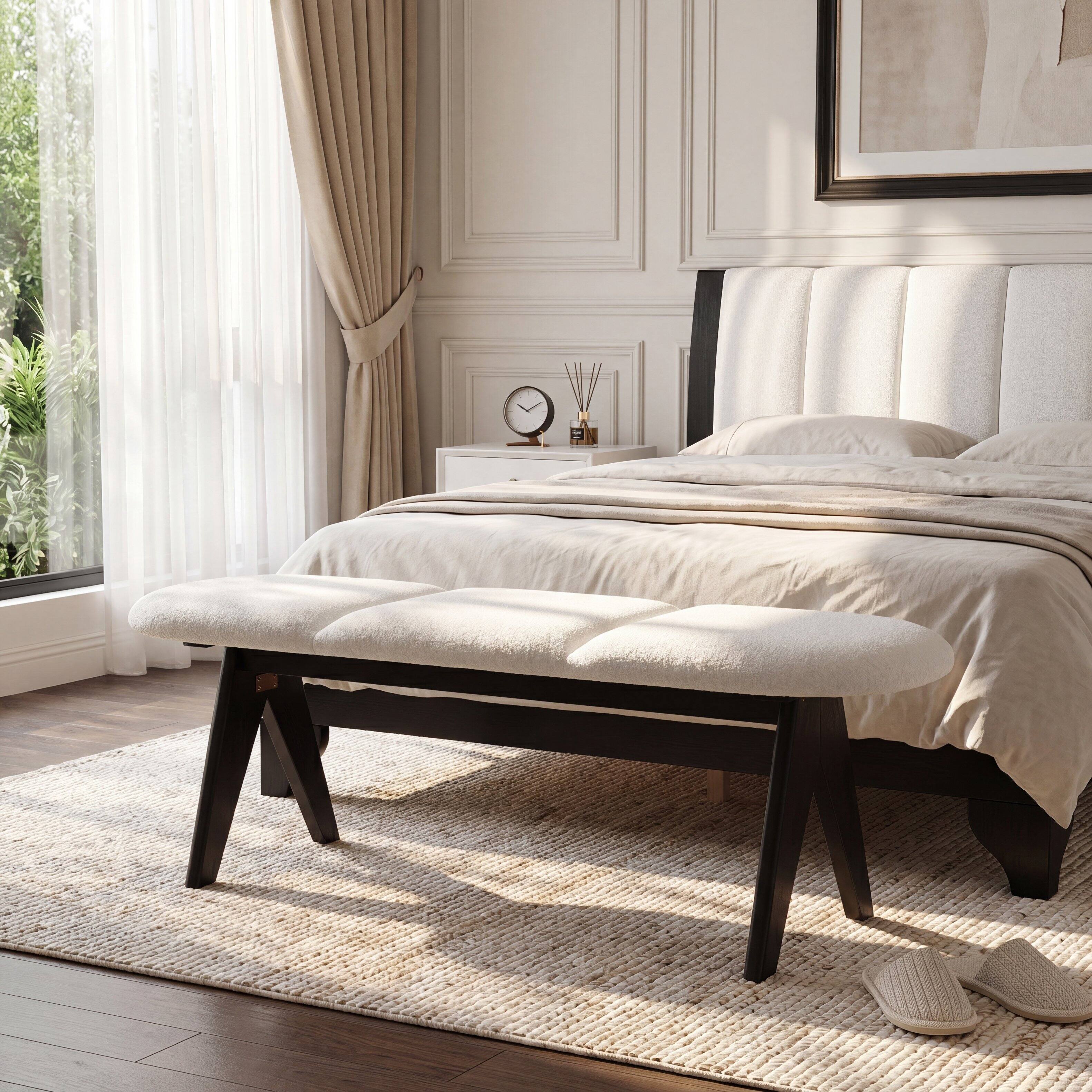 Left. Ropilly - Ropilly 53 Inch Upholstered Entryway Bench White Fabric Bedroom Bench with Black Wood Legs - White.