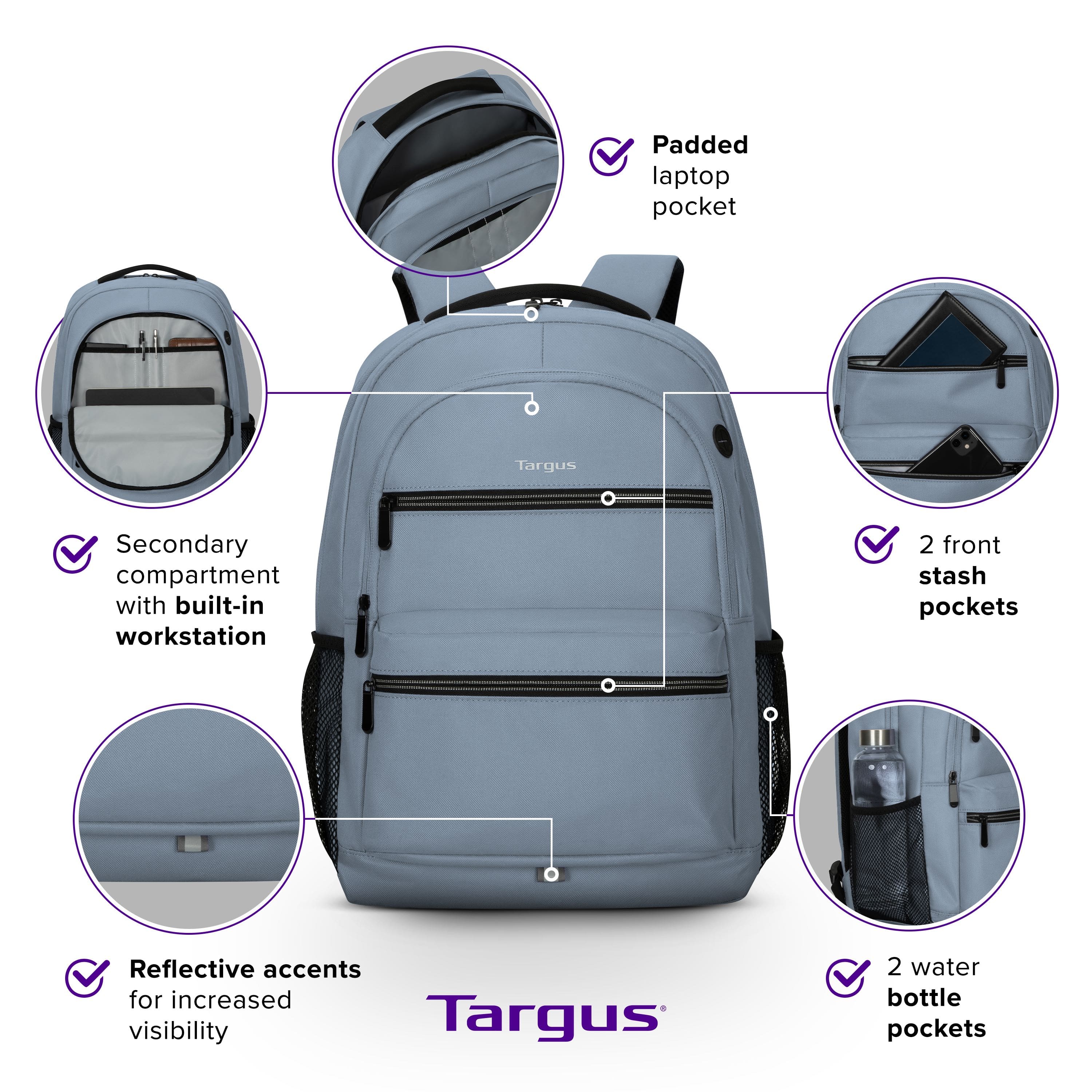 Padded laptop pocket Targus Secondary compartment with built-in workstation 2 front stash pockets Reflective accents for increased visibility Targus 2 water bottle pockets