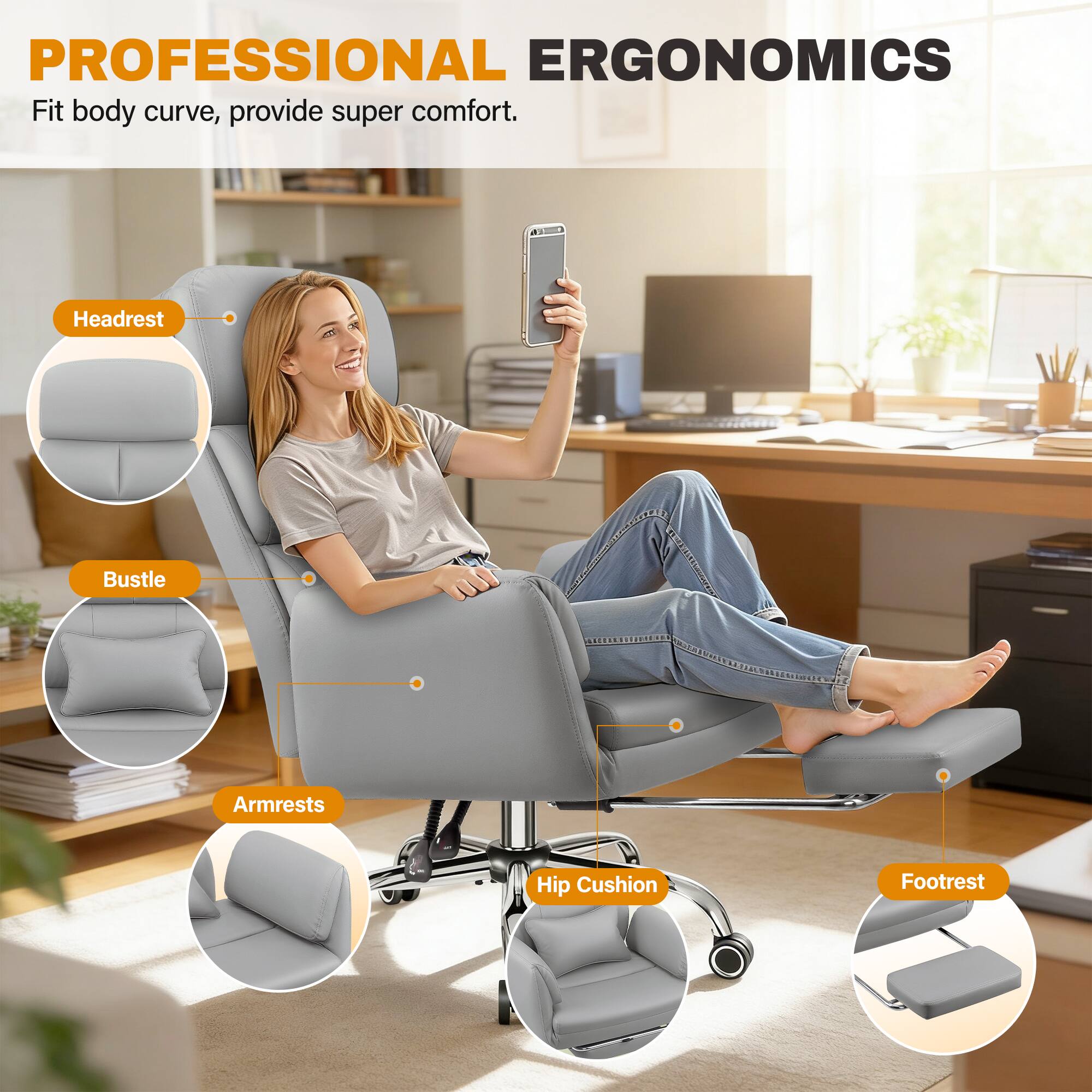 PROFESSIONAL ERGONOMICS  
Fit body curve, provide super comfort.

- Headrest
- Bustle
- Armrests
- Hip Cushion
- Footrest