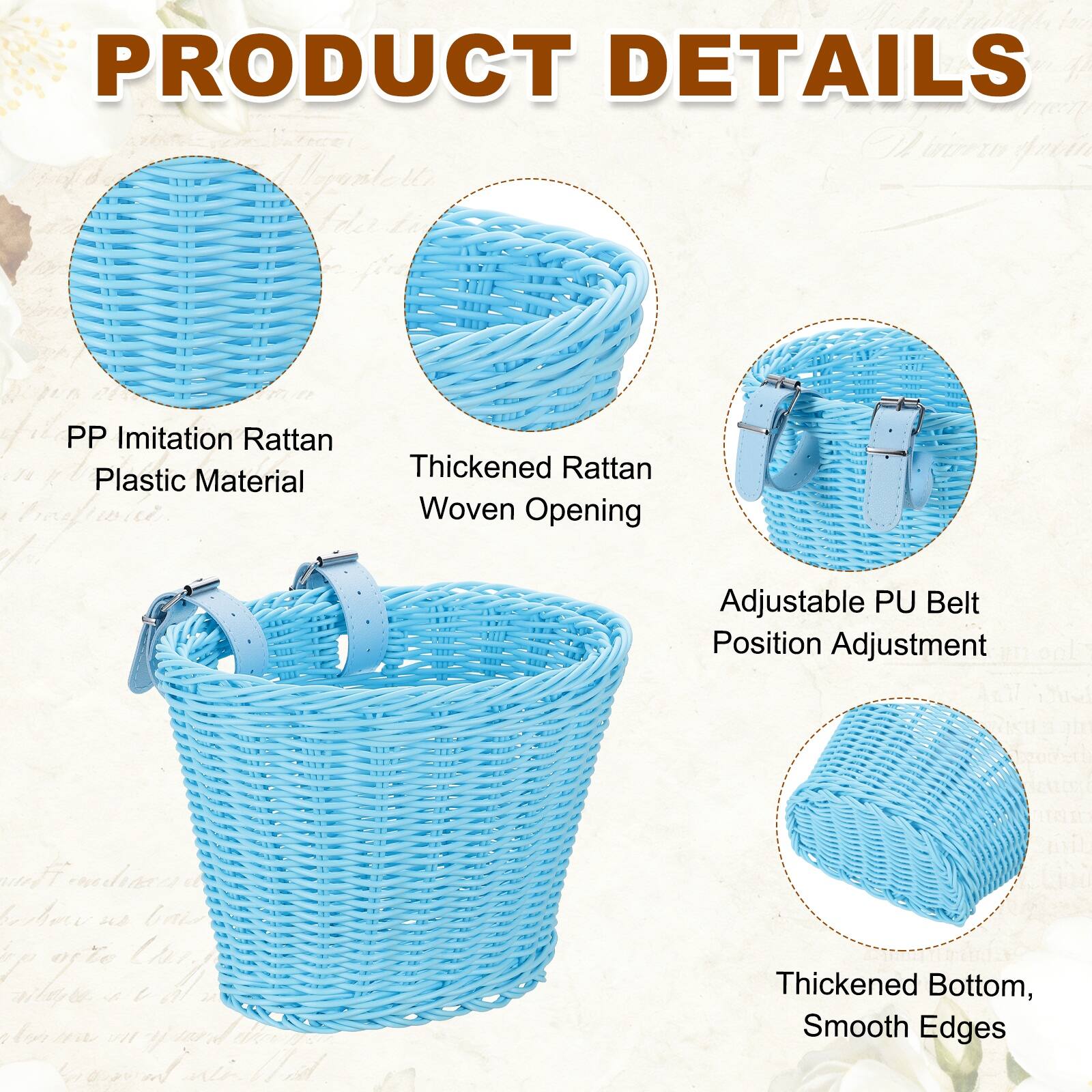 PRODUCT DETAILS

- PP Imitation Rattan Plastic Material
- Thickened Rattan Woven Opening
- Adjustable PU Belt Position Adjustment
- Thickened Bottom, Smooth Edges