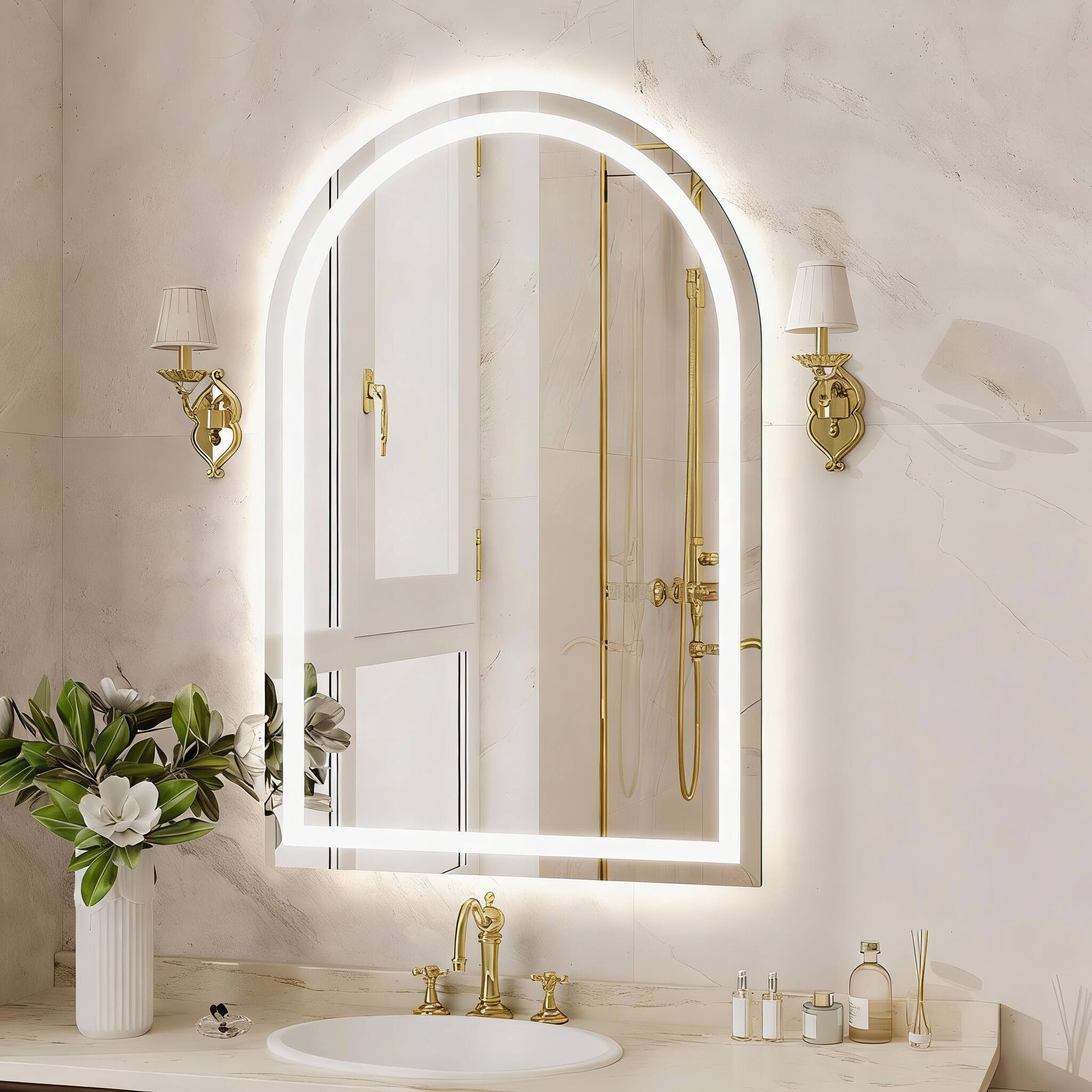 Front. METALTON - Arched Led Bathroom Mirror Arch Wall Mounted Frameless For Vanity Smart Lighted Frontlit Mirrors With Memor - Vertical 36"L x 24"W.
