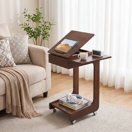 Loheer - Solid Wood C Shaped End Table Rolling Side Table - Walnut