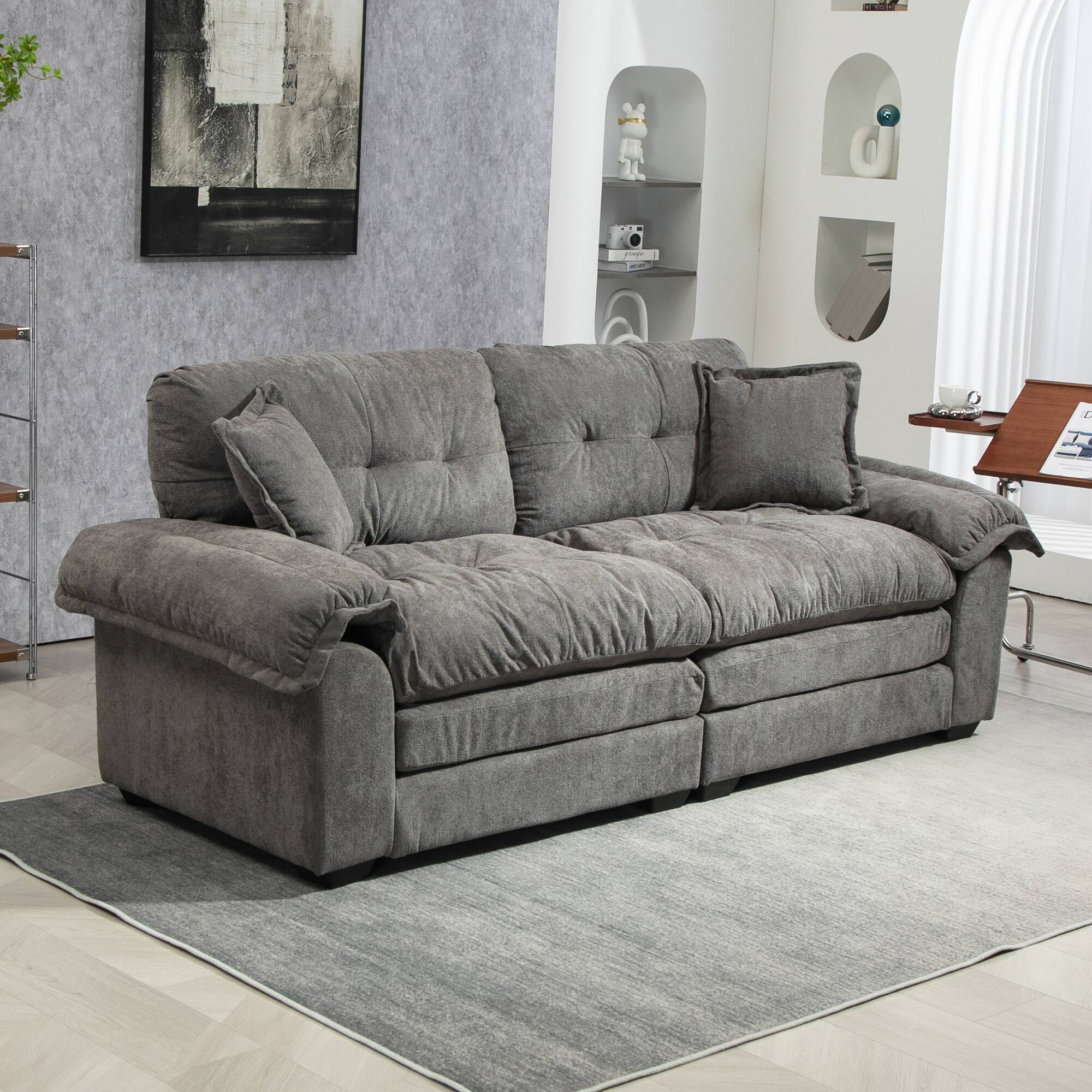 Left. Tiramisubest - 84"Chenille Sofa,Loveseat Deep Seat Sofa Couch with Pillows & Memory Foam for Living Room,Apartment,Office Lounge-Grey - Grey.