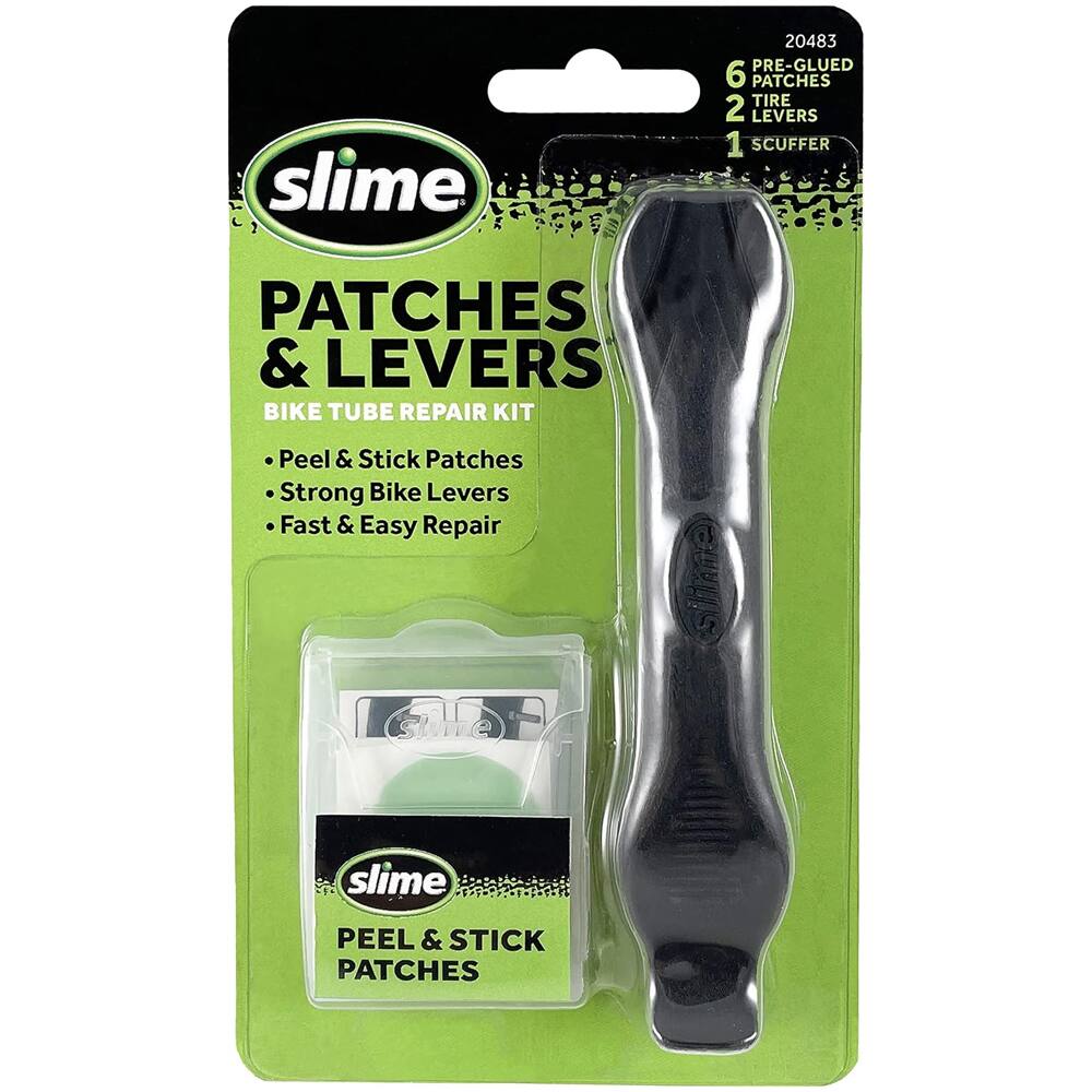 slime

20483 PRE-GLUED 6 PATCHES TIRE 2 LEVERS 1 SCUFFER

PATCHES & LEVERS BIKE TUBE REPAIR KIT

- Peel & Stick Patches
- Strong Bike Levers
- Fast & Easy Repair

slime

PEEL & STICK PATCHES