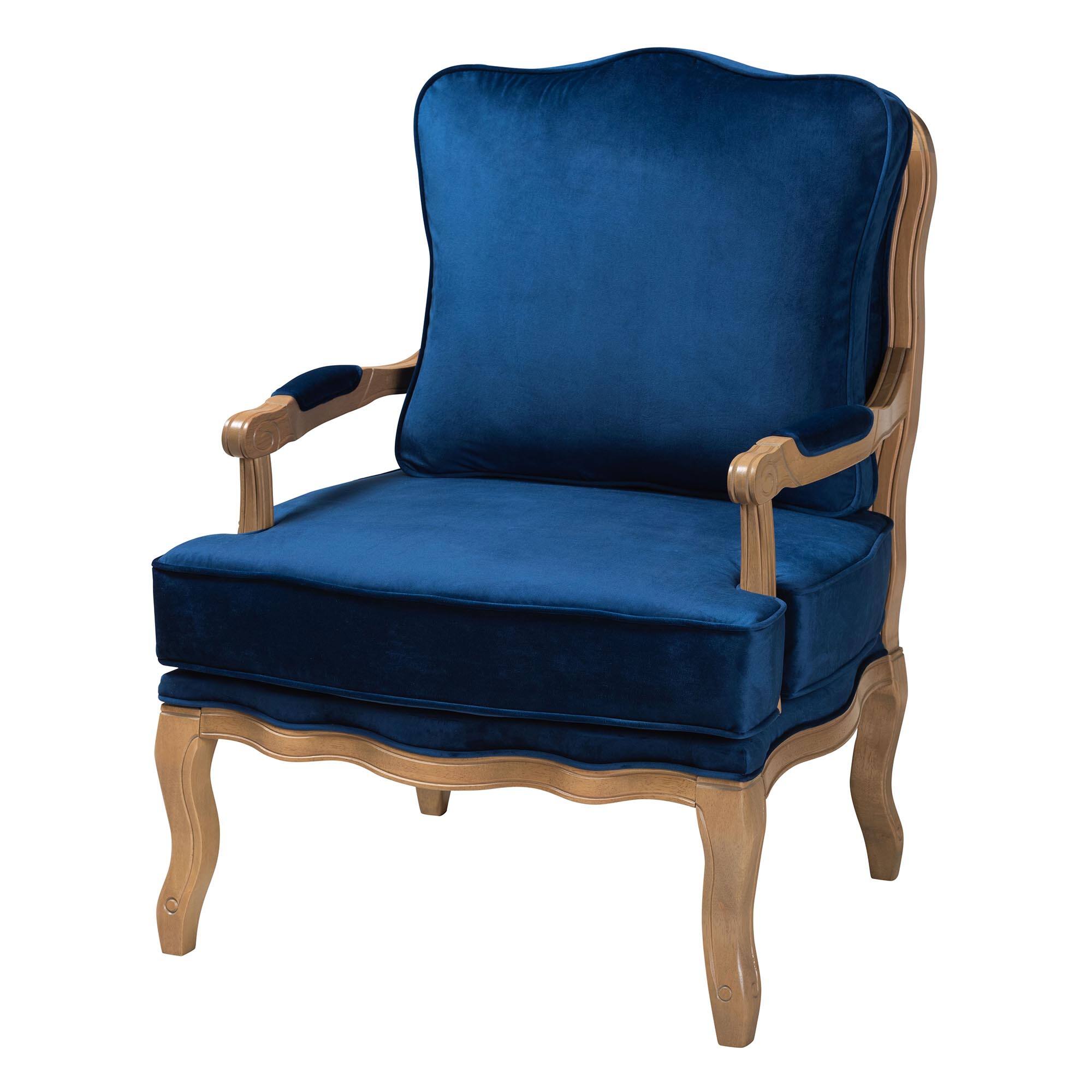 Front. Baxton Studio - Jules Traditional Fabric and French Oak Finished Wood Accent Chair - Navy Blue/ French Oak.