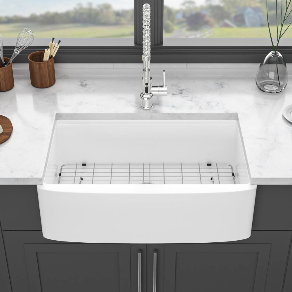 Left. JUJABU - 33 x 21 x 10 in. White Ceramic Kitchen Sink Workstation - White.