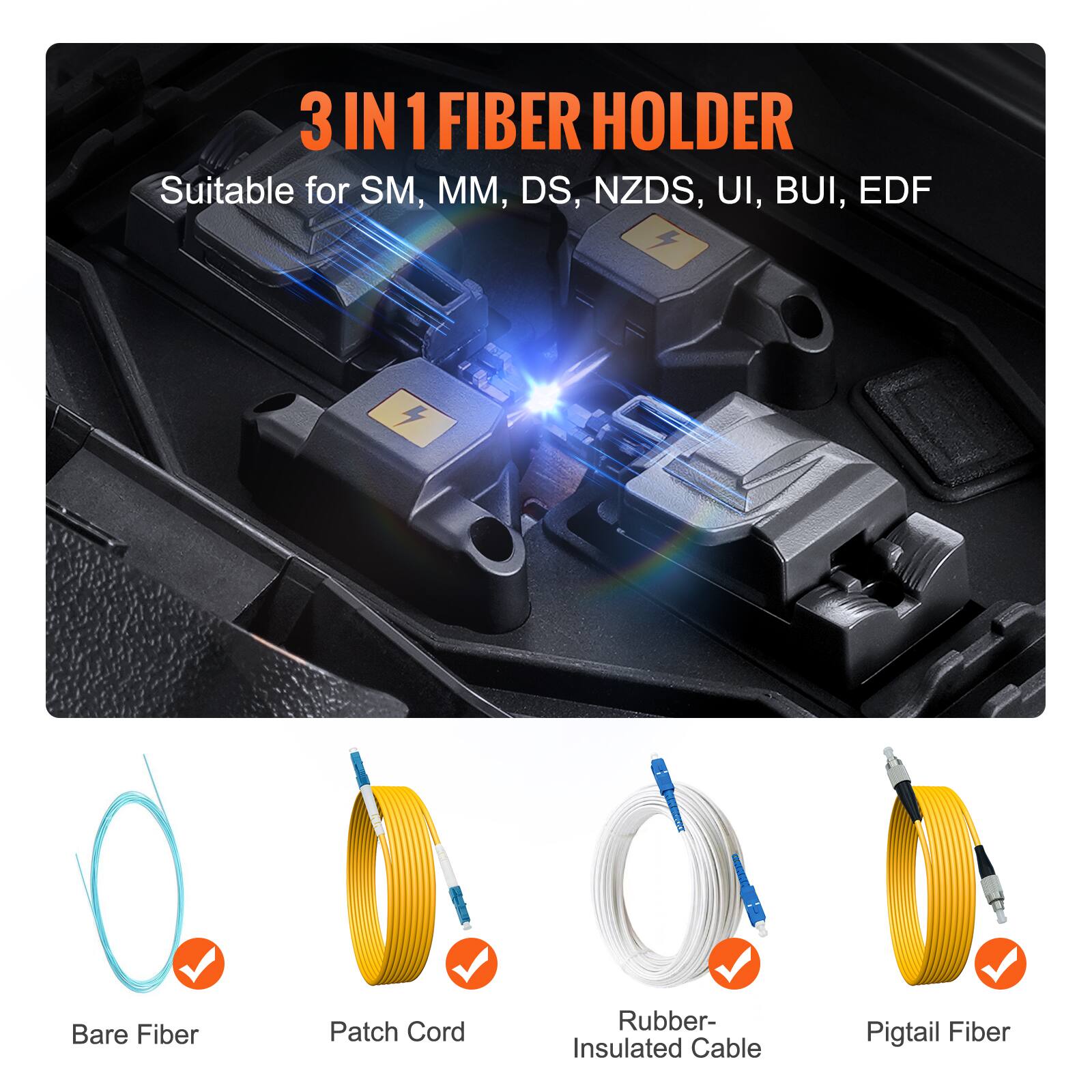 3 IN 1 FIBER HOLDER  
Suitable for SM, MM, DS, NZDS, UI, BUI, EDF  

- Bare Fiber  
- Patch Cord  
- Rubber-Insulated Cable  
- Pigtail Fiber