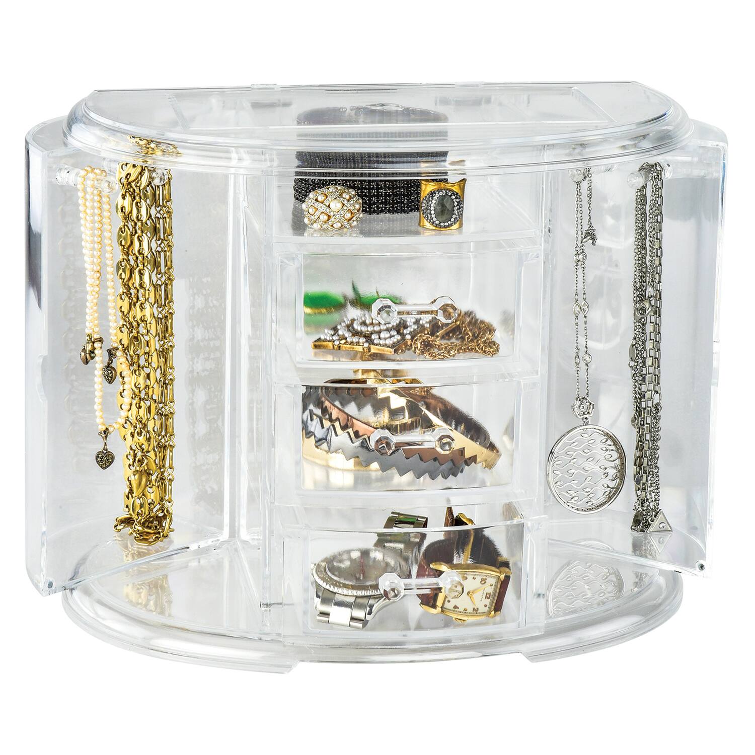 Angle. Elle - Clear Acrylic Jewelry Organizer, 10.75" x 6" x 9" - Clear.