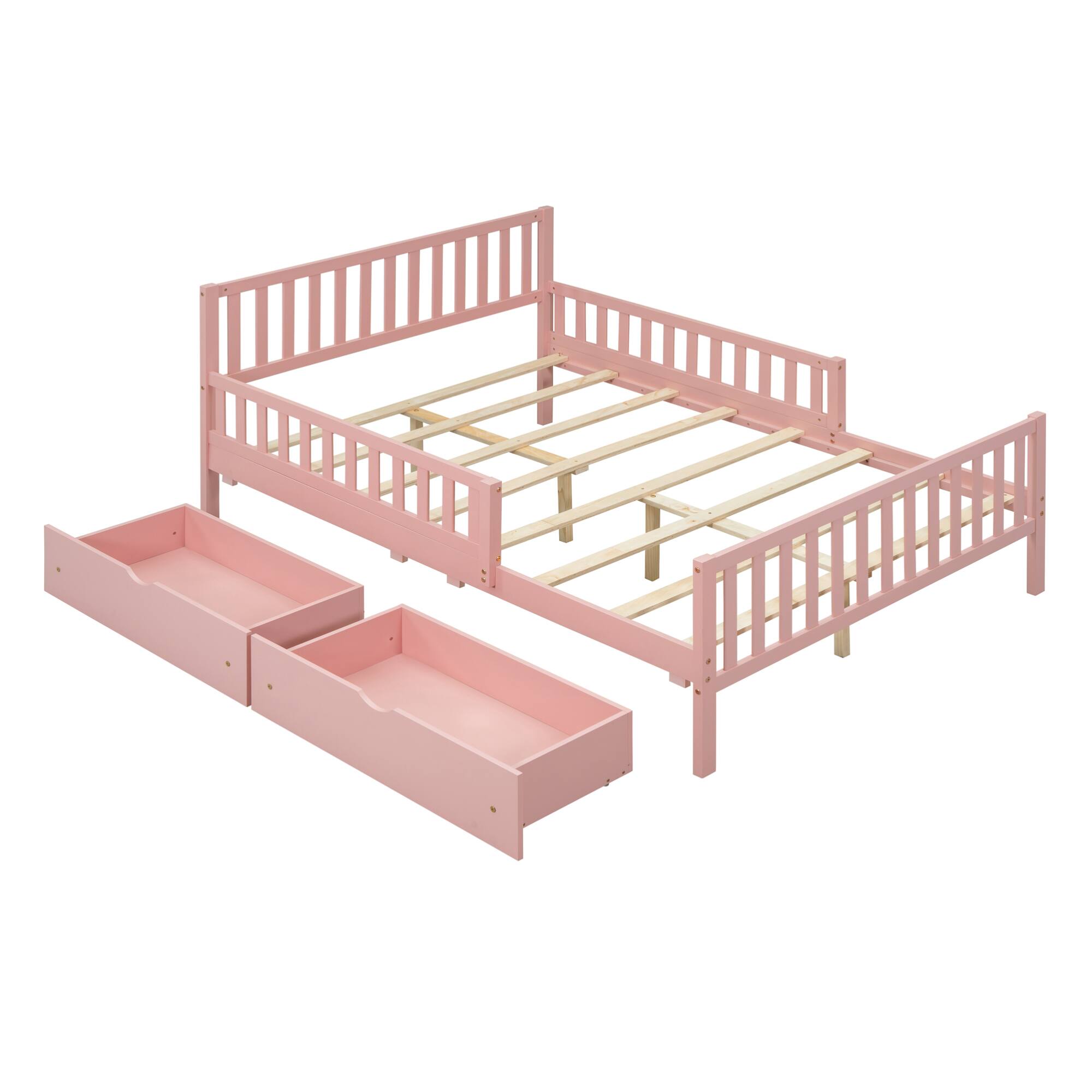 Left. GOODSILO - Full Size Wood Platform Bed with Guardrails, Storage Drawers, and Minimalist Headboard for Modern Bedrooms - Pink.