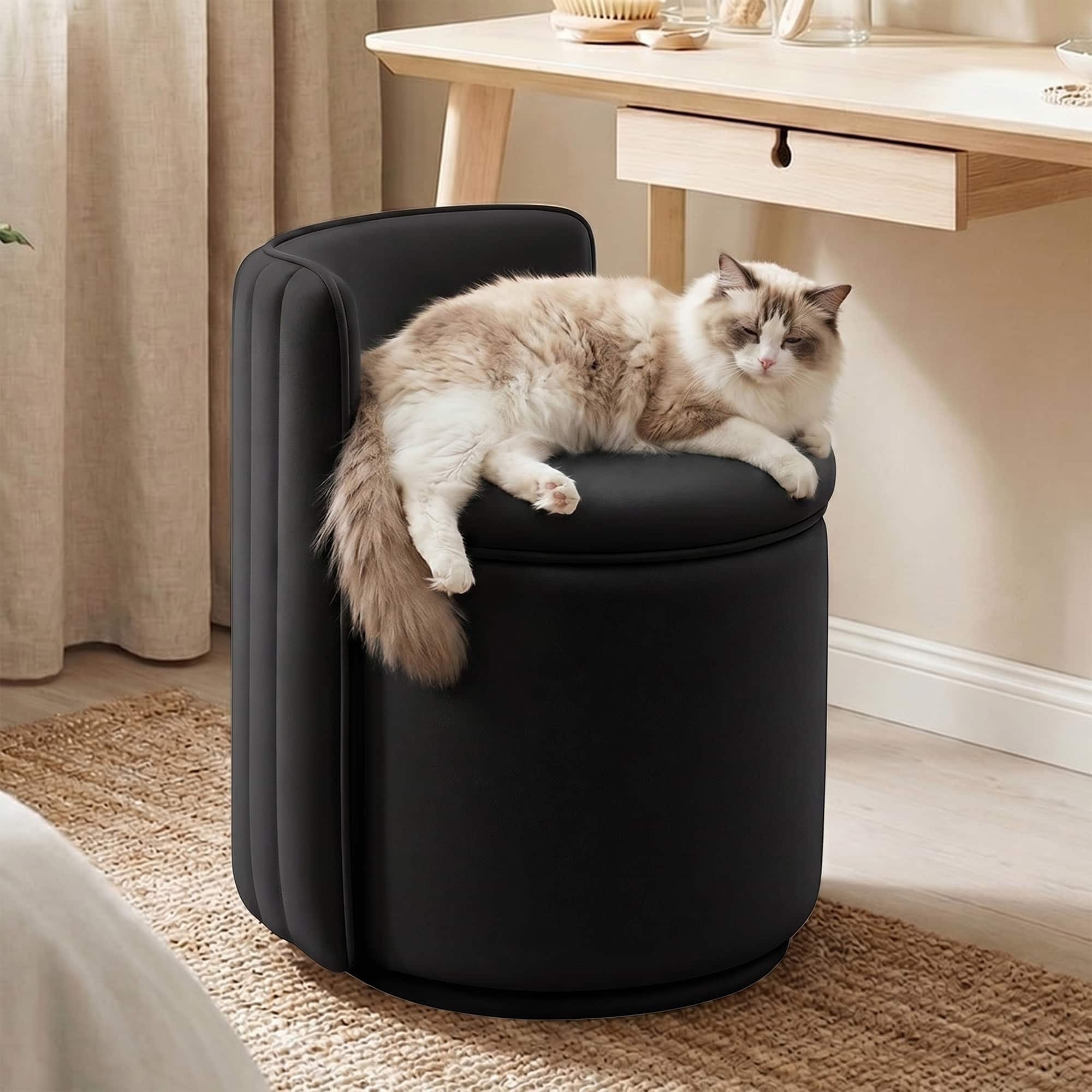 Brick Attic - Vanity Chair with Storage, Swivel Velvet Makeup Stool with Wave Backrest,Round Upholstered Closet Stool - Black