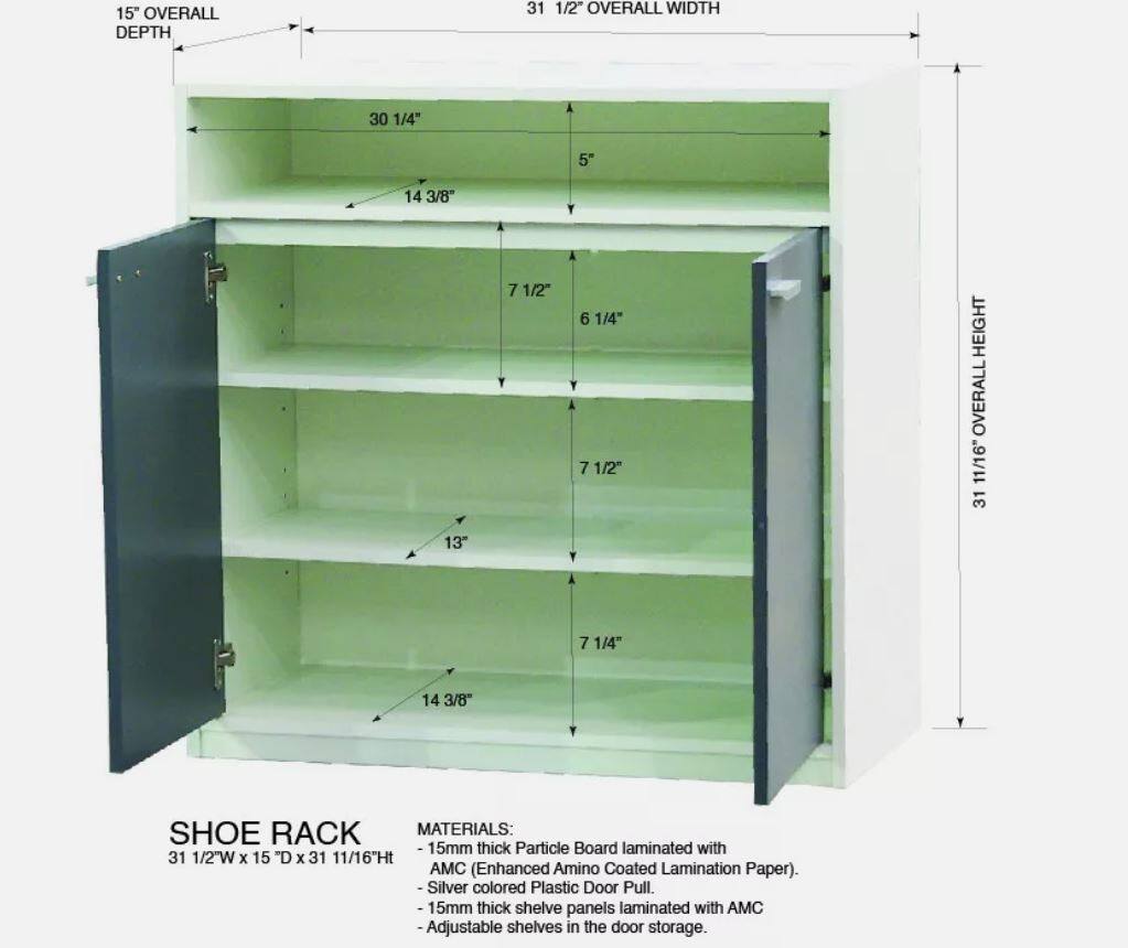 **Shoe Rack**

**Dimensions:**
- Overall Depth: 15"
- Overall Width: 31 1/2"
- Overall Height: 31 11/16"

**Shelf Dimensions:**
- 30 1/4" (Width)
- 14 3/8" (Depth)
- 7 1/2" (Height)
- 6 1/4" (Height)
- 7 1/2" (Height)
- 13" (Height)
- 7 1/4" (Height)
- 14 3/8" (Depth)

**Materials:**
- 15mm thick Particle Board laminated with AMC (Enhanced Amino Coated Lamination Paper)
- Silver colored Plastic Door Pull
- 15mm thick shelf panels laminated with AMC
- Adjustable shelves in the door storage

**Shoe Rack Dimensions:**
- 31 1/2"W x 15"D x 31 11/16"H