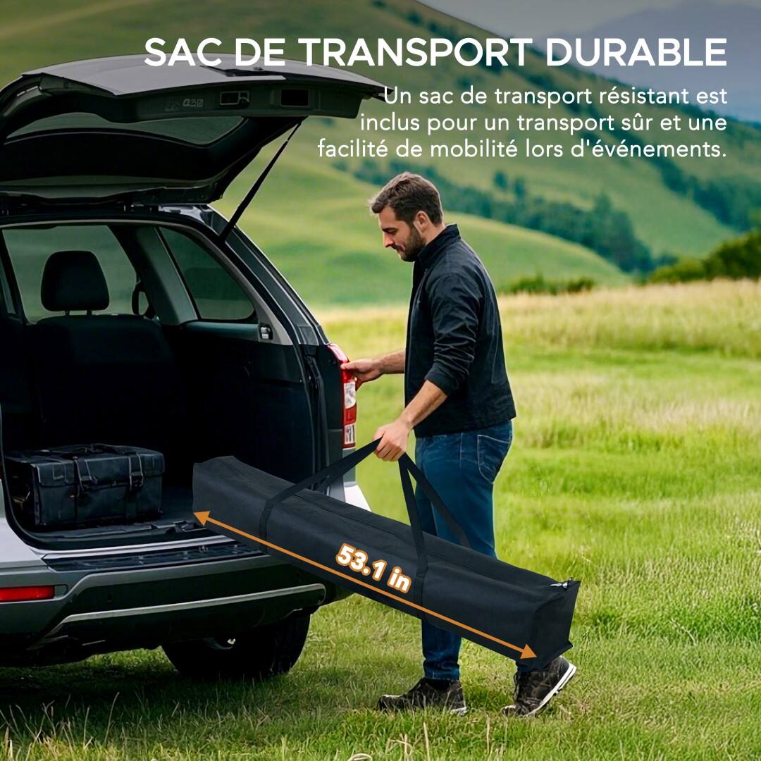 SAC DE TRANSPORT DURABLE  
Un sac de transport résistant est inclus pour un transport sûr et une facilité de mobilité lors d'événements.  
53.1 in