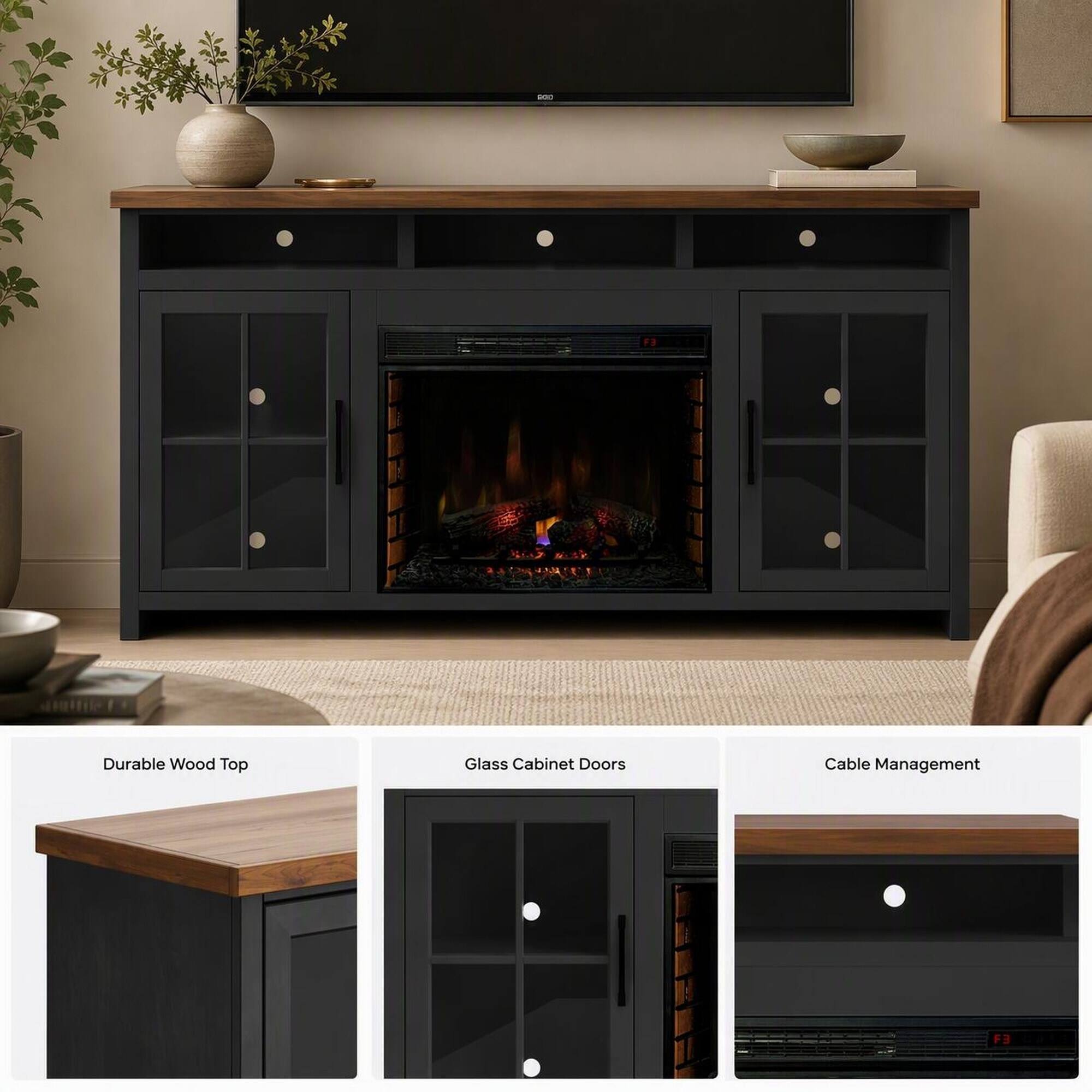 - Durable Wood Top
- Glass Cabinet Doors
- Cable Management
- F3