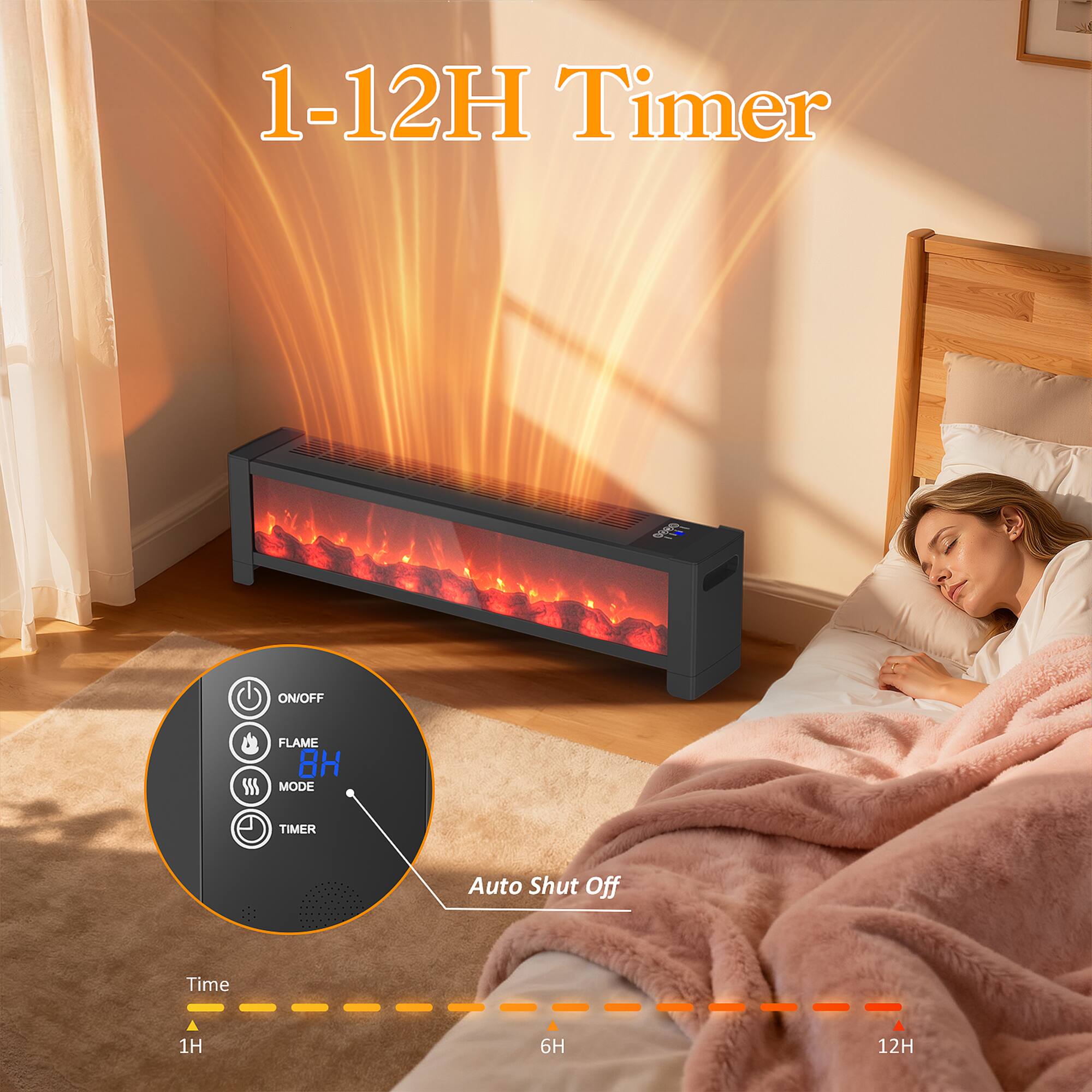1-12H Timer

ON/OFF  
FLAME  
MODE  
TIMER  

Auto Shut Off  
Time: 1H, 6H, 12H