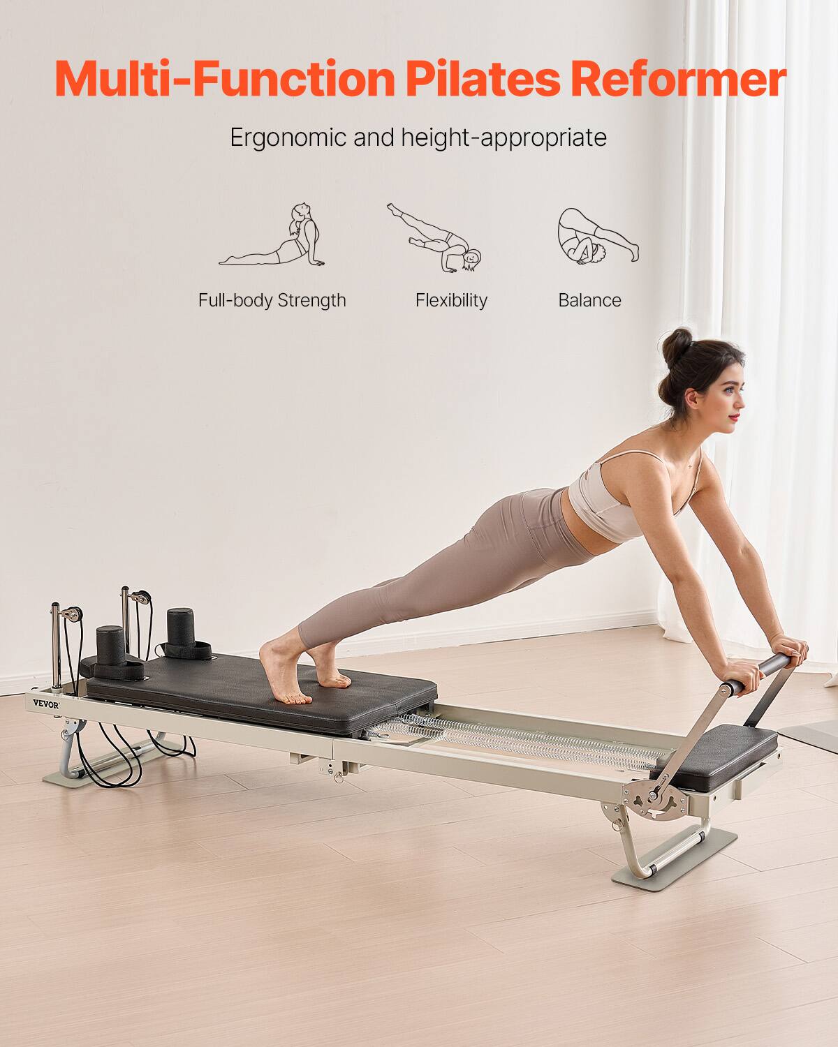 Multi-Function Pilates Reformer: Ergonomic and height-appropriate. Features: Full-body Strength, Flexibility, Balance.