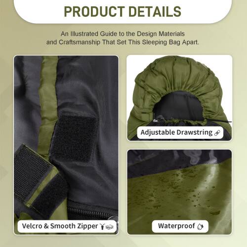 PRODUCT DETAILS

An Illustrated Guide to the Design Materials and Craftsmanship That Set This Sleeping Bag Apart.

- Adjustable Drawstring
- Velcro & Smooth Zipper
- Waterproof
