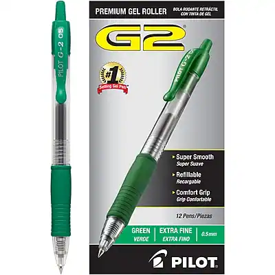 **Pilot G2 Premium Gel Roller**
- **Model:** G2
- **Color:** Green (Verde)
- **Tip Size:** 0.5mm (Extra Fine)
- **Features:**
- Super Smooth
- Super Suave
- Refillable
- Recargable
- Comfort Grip
- Grip Confortable
- **Packaging:** 12 Pens/Piezas
- **Special Feature:** Retractable Ballpoint with Gel Tip (Bola Rodante Retráctil con Tinta de Gel)
- **Brand:** Pilot
- **Award:** #1 Selling Gel Pen
- **Packaging Text:** "Premium Gel Roller"