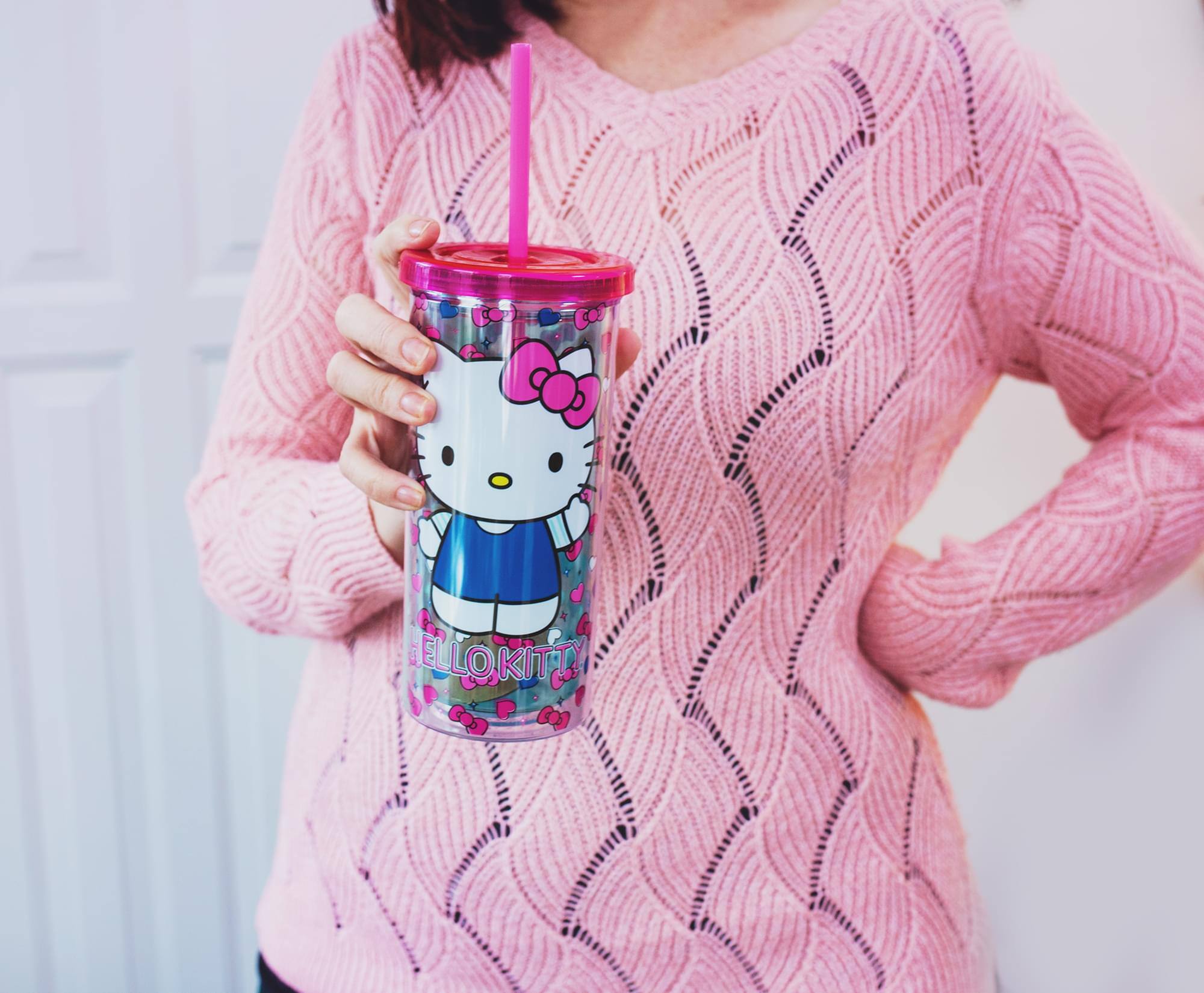 Alt View 2. Silver Buffalo - Hello Kitty Bows and Hearts Carnival Cup with Lid and Straw | Holds 20 Ounces - Pink.