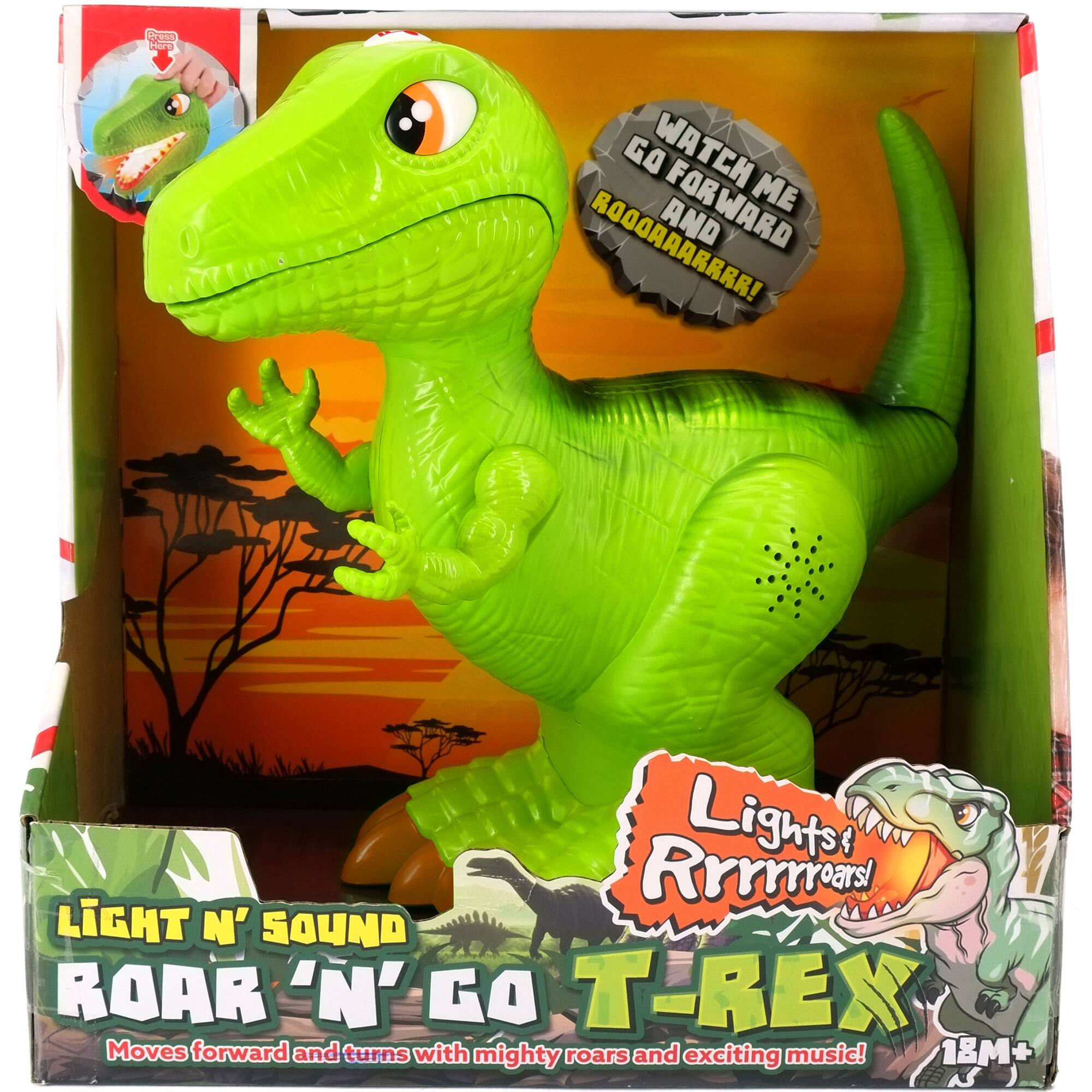 en GO WATCH FORWARD ME ROOOAAARRRR! AND Rrrrmoas Lights LIGHT N' SOUND ROAR 'N' GA T-REX Moves forward and turns with mighty roars and exciting music! 18M+