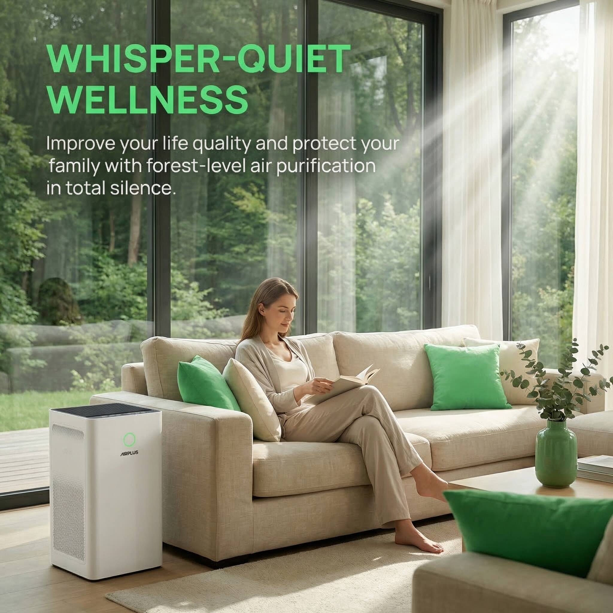 WHISPER-QUIET WELLNESS  
Improve your life quality and protect your family with forest-level air purification in total silence.  
ARPLUS